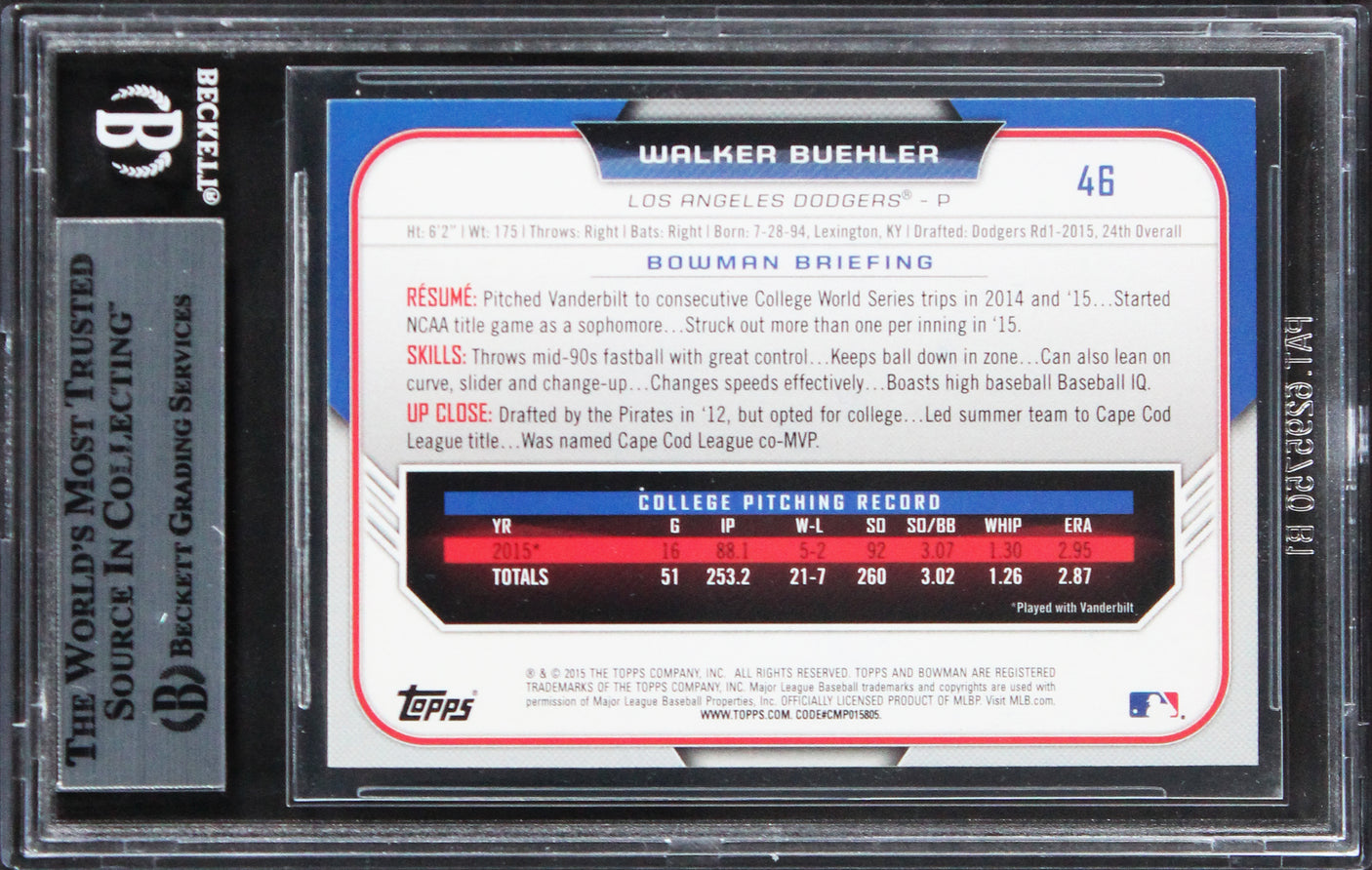 Dodgers Walker Buehler Authentic Signed 2015 Bowman Draft #46 Card BAS Slabbed