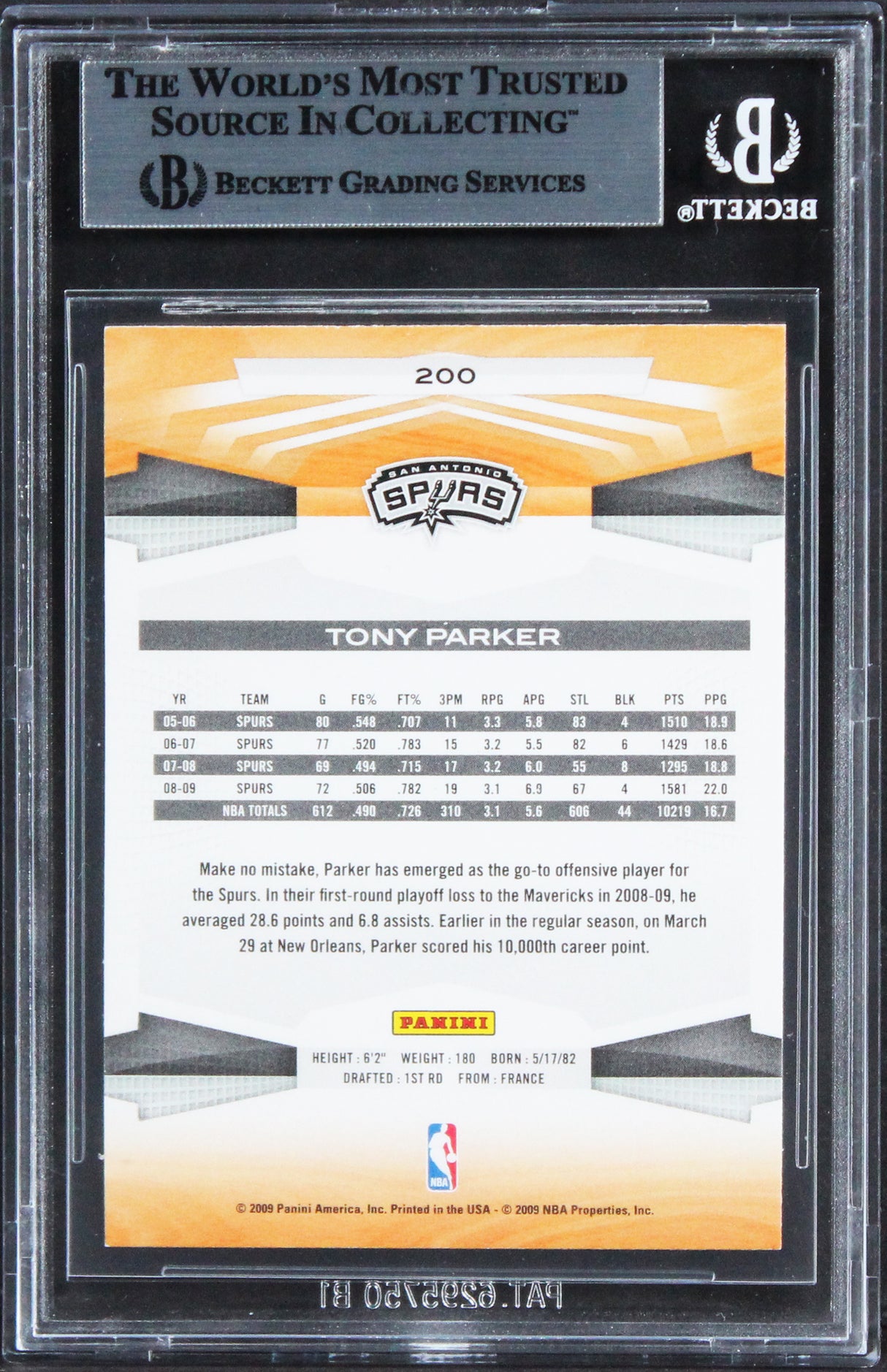 Spurs Tony Parker Authentic Signed 2009 Panini #200 Card BAS Slabbed