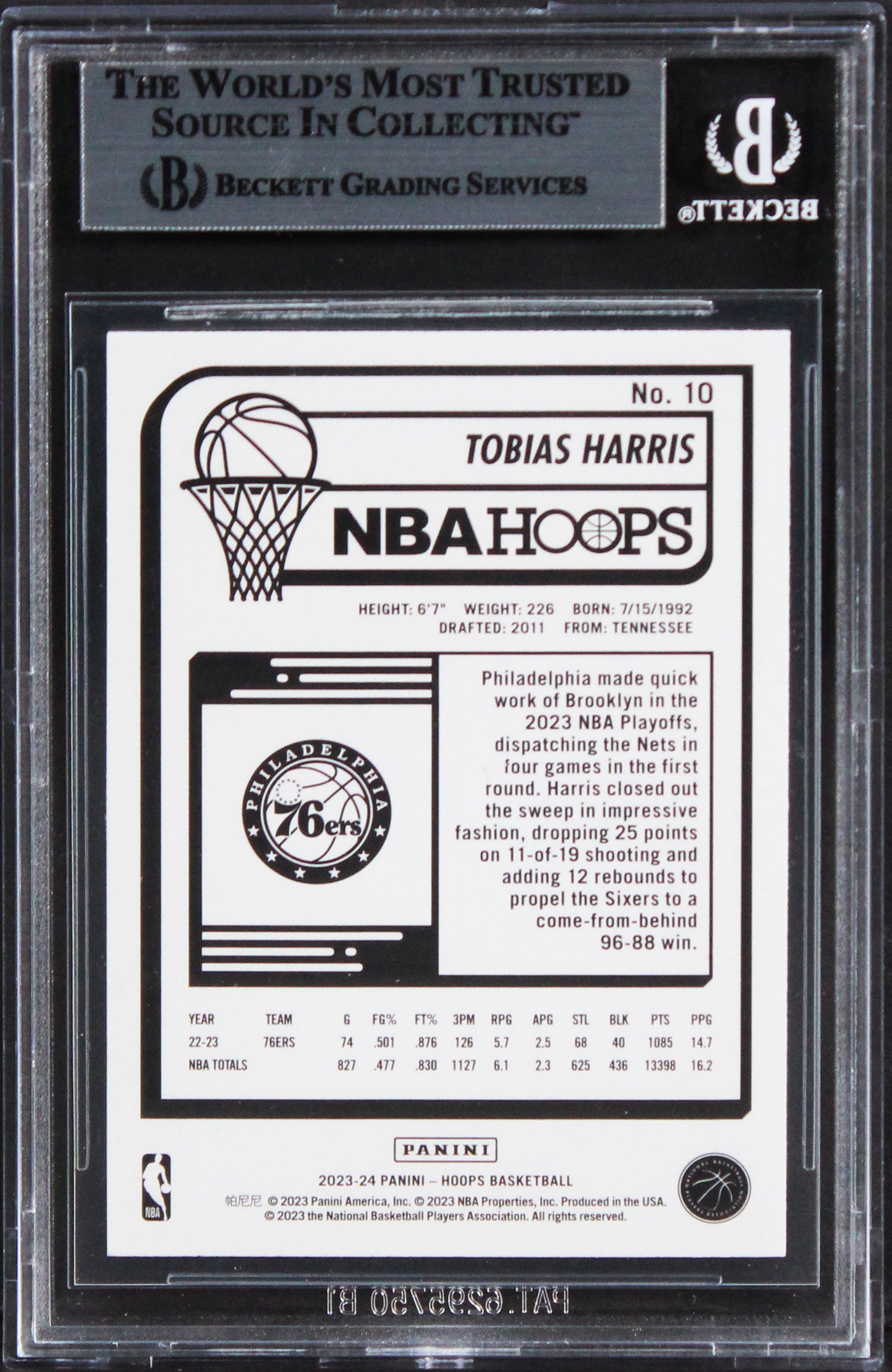 76ers Tobias Harris Authentic Signed 2023 Hoops #10 Card BAS Slabbed