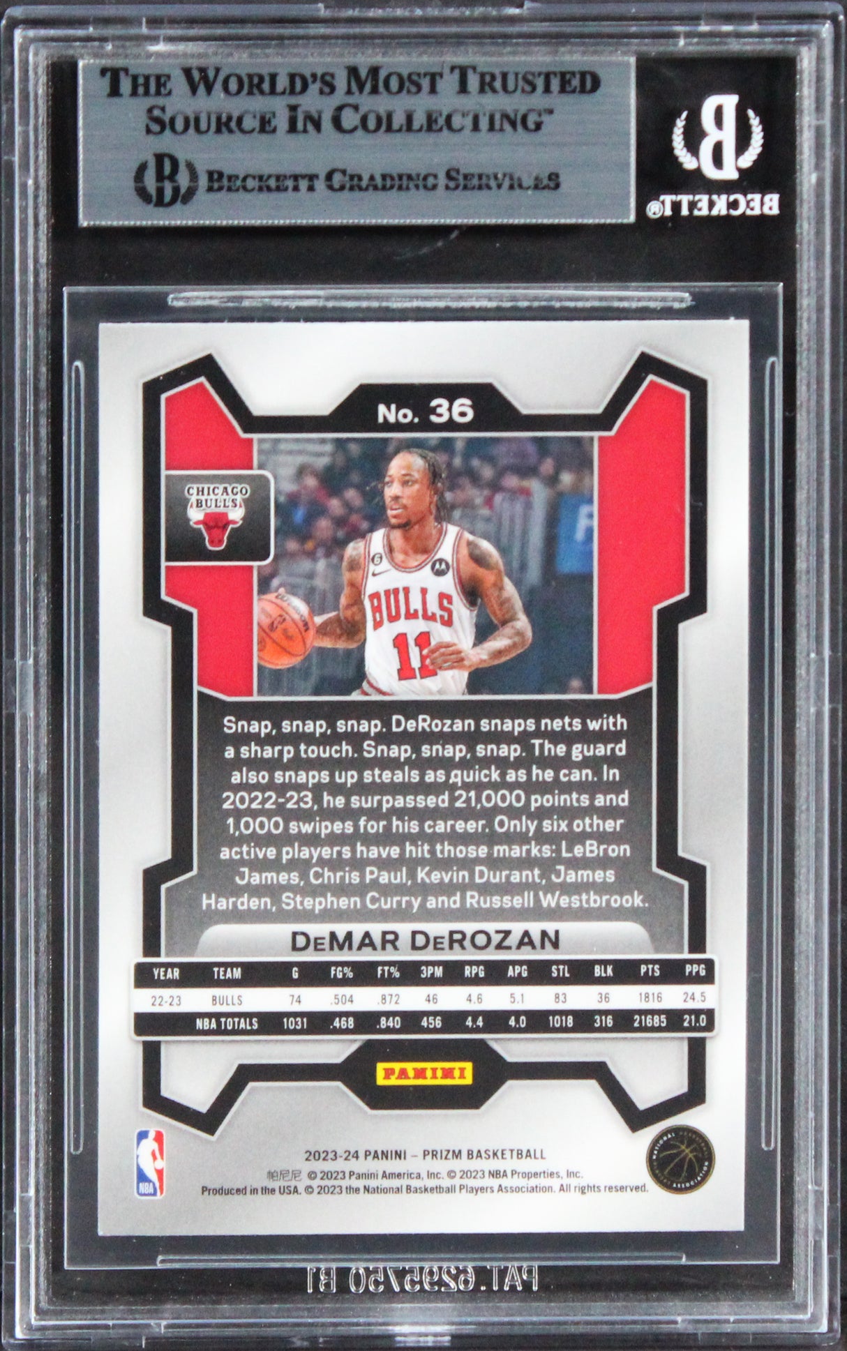 Bulls DeMar DeRozan Authentic Signed 2023 Panini Prizm #36 Card BAS Slabbed 2