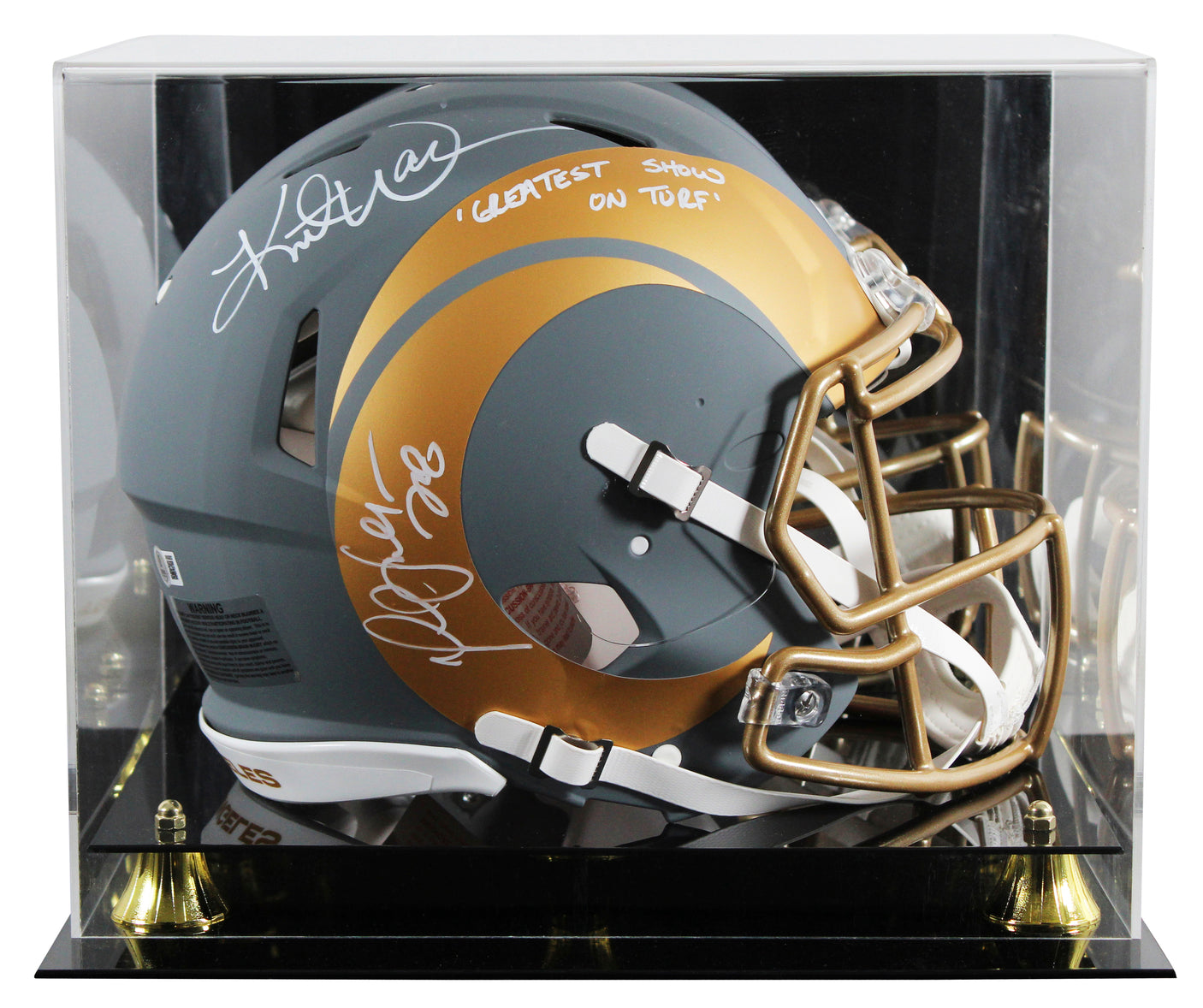 Rams (2) Faulk & Warner Signed Slate F/S Speed Proline Helmet W/ Case BAS Wit