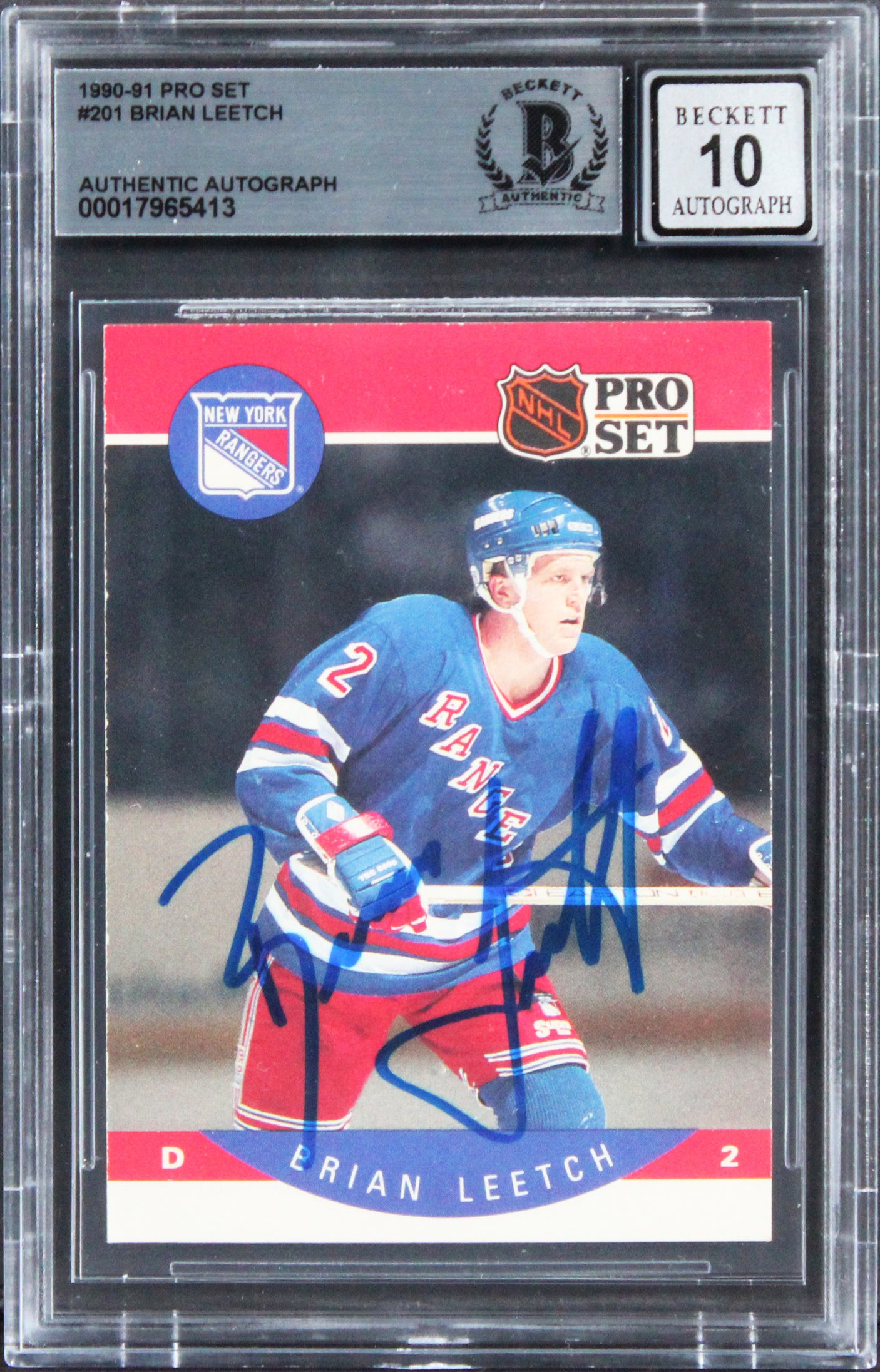 Rangers Brian Leetch Signed 1990 Pro Set #201 Card Auto Graded 10! BAS Slabbed
