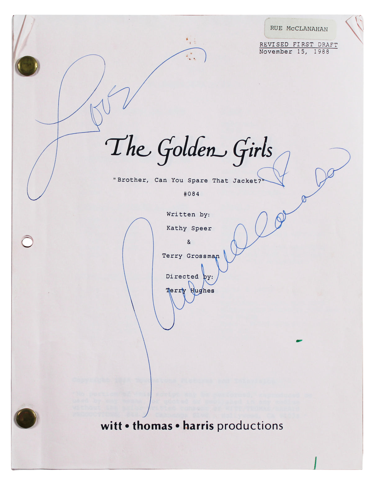 Rue McClanahan Golden Girls Authentic Signed Set Used Tv Script BAS #AG010061