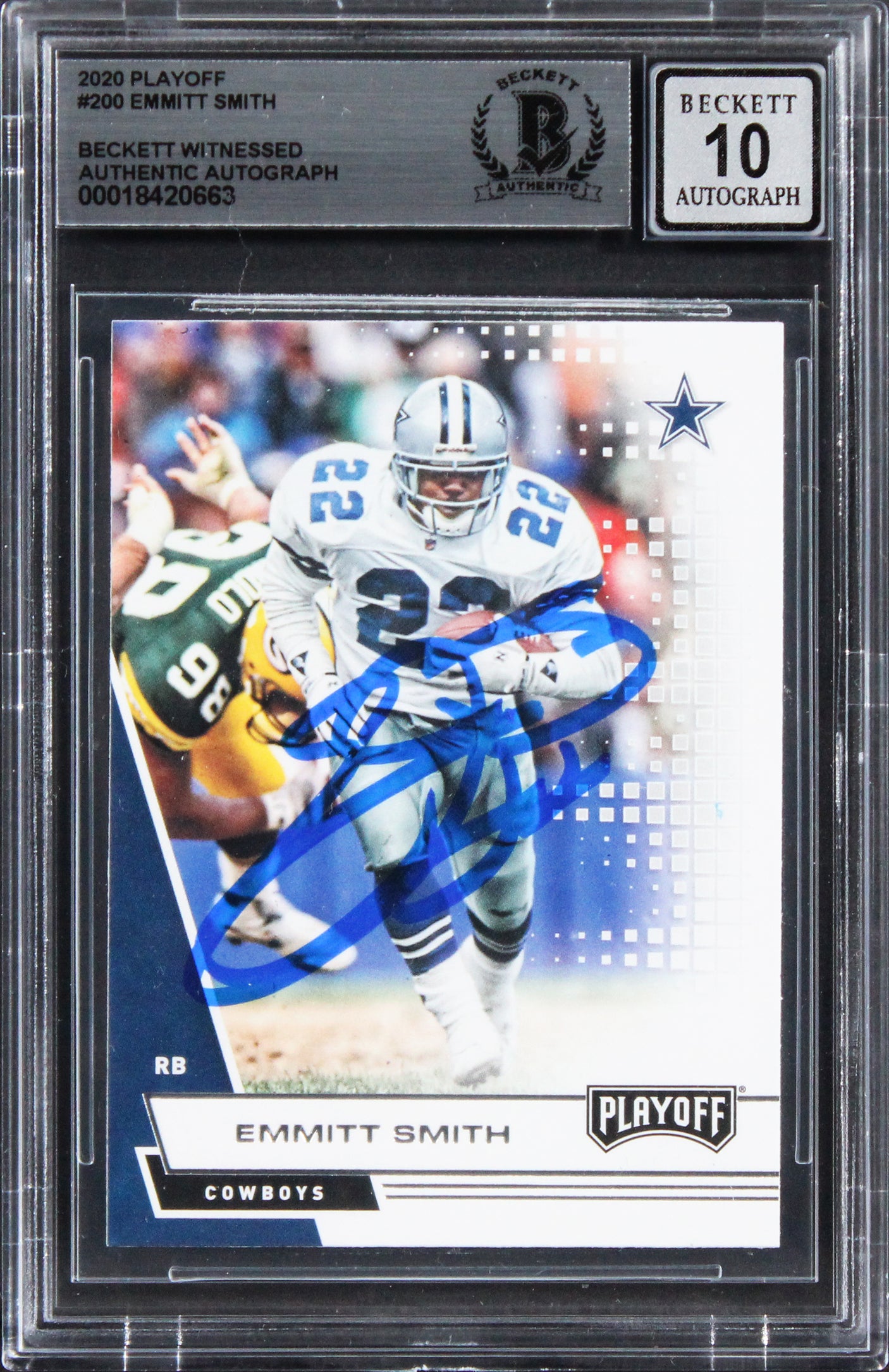 Cowboys Emmitt Smith Signed 2020 Playoff #200 Card Auto Gem Mint 10! BAS Slabbed