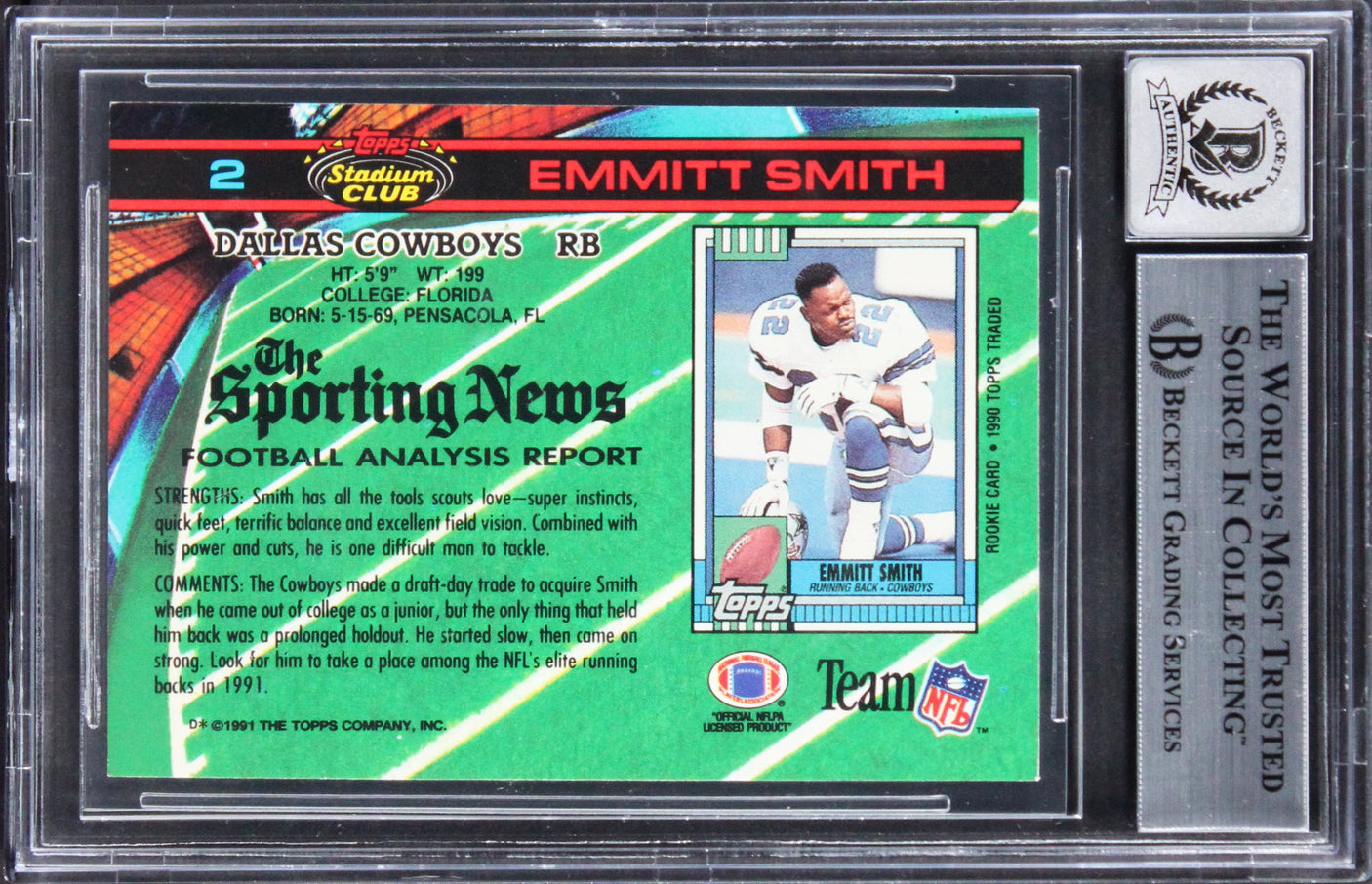 Cowboys Emmitt Smith Signed 1991 Stadium Club #2 Card Auto Grade 10! BAS Slabbed