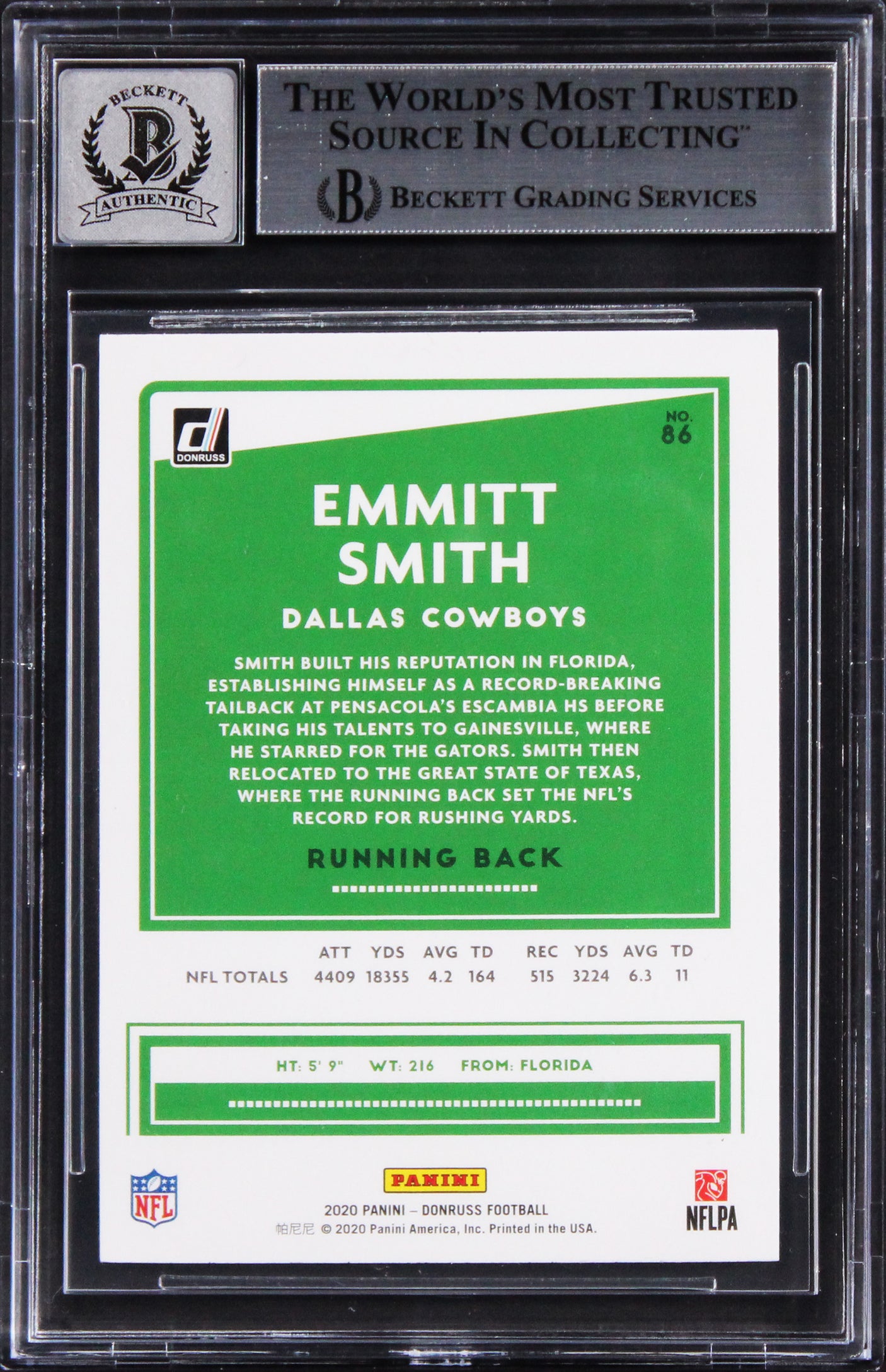 Emmitt Smith Signed 2020 Donruss Press Proof Blue #86 Card Auto 10! BAS Slabbed