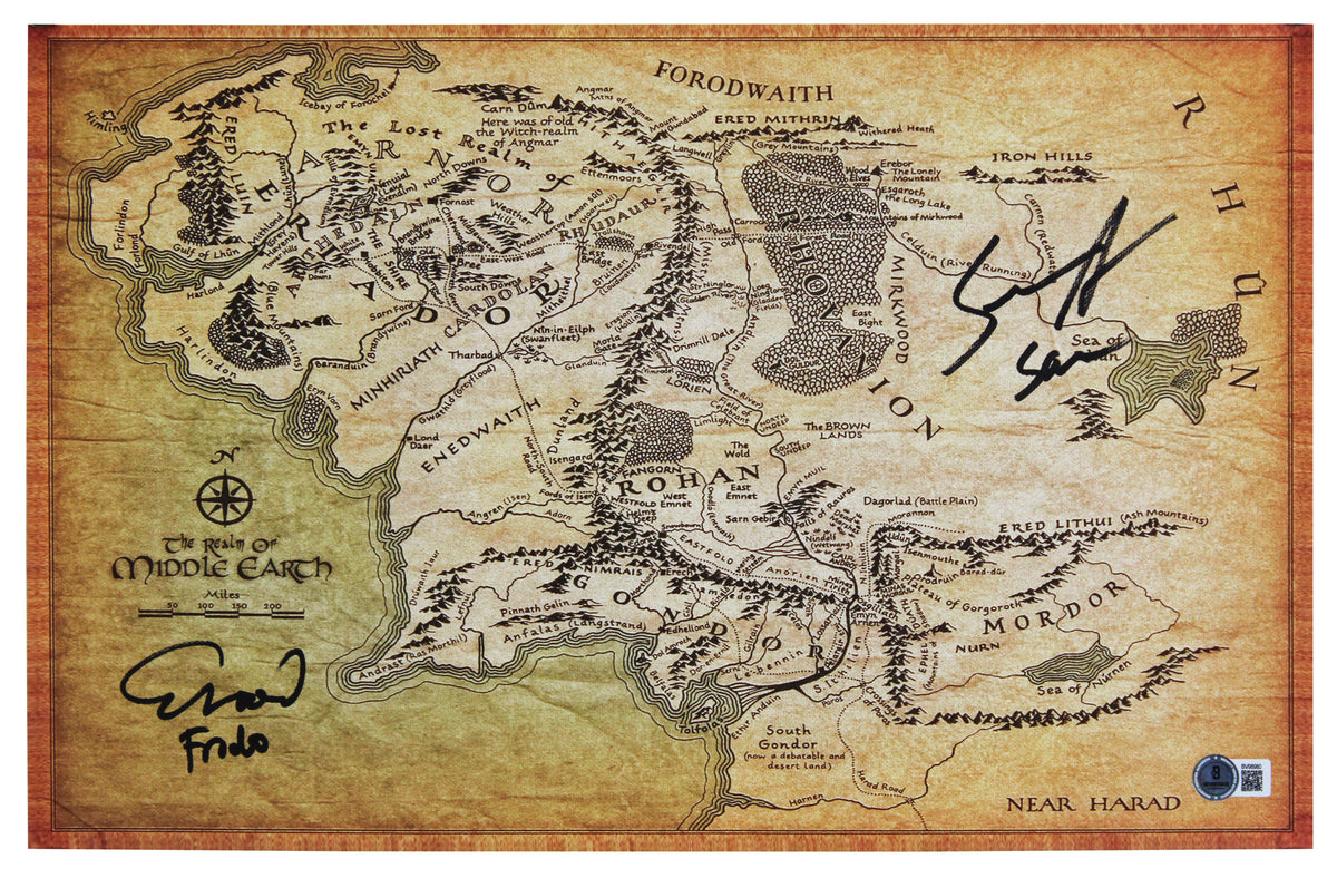 Elijah Wood & Sean Astin LOTR Signed 11x17 Realm of Middle Earth Canvas Map BAS