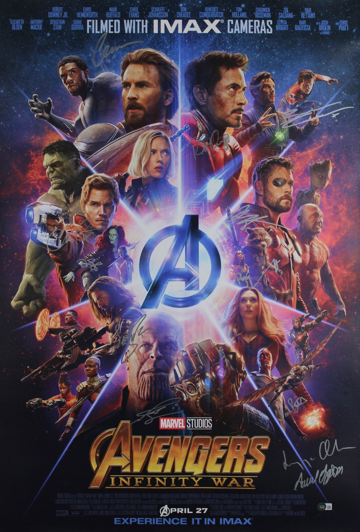 The Avengers (12) Downey Jr., Evans, Jackson, Pratt +8 Signed 27x40 Poster BAS 1