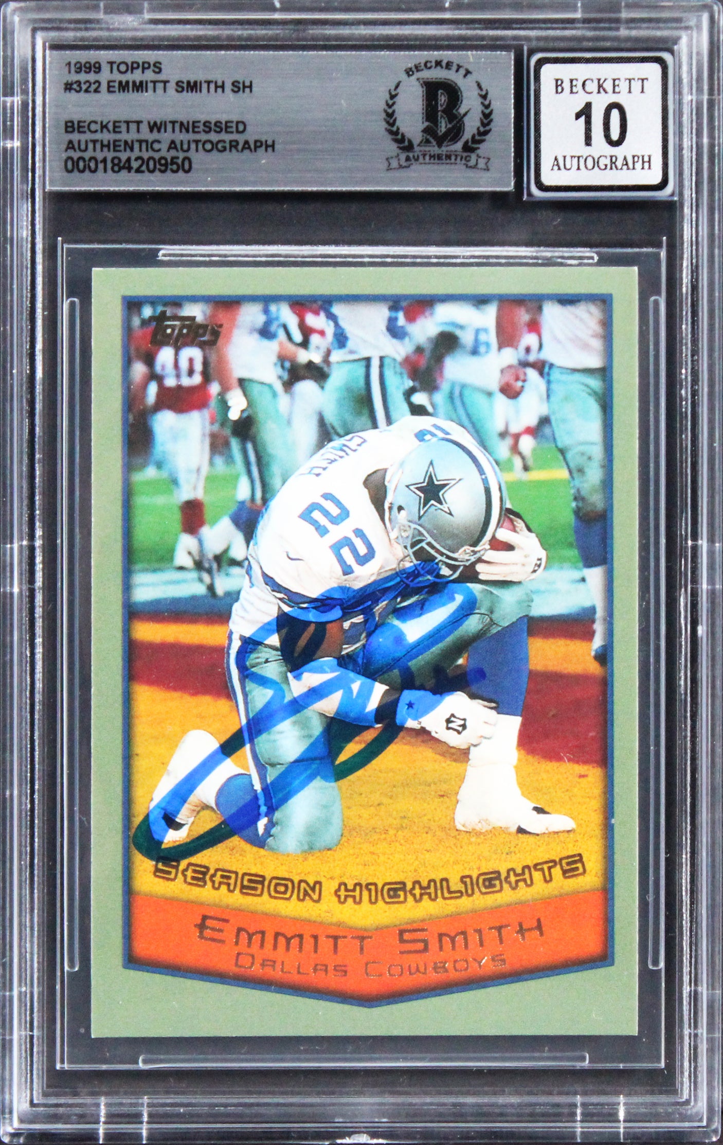 Cowboys Emmitt Smith Signed 1999 Topps #322 Card Auto Graded GM 10! BAS Slabbed