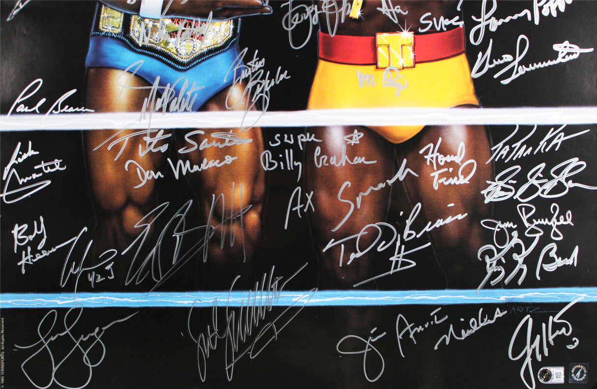 WrestleMania I (33) Hogan, Hart, Piper, Poffo, Bearer Signed 27x40 Poster BAS