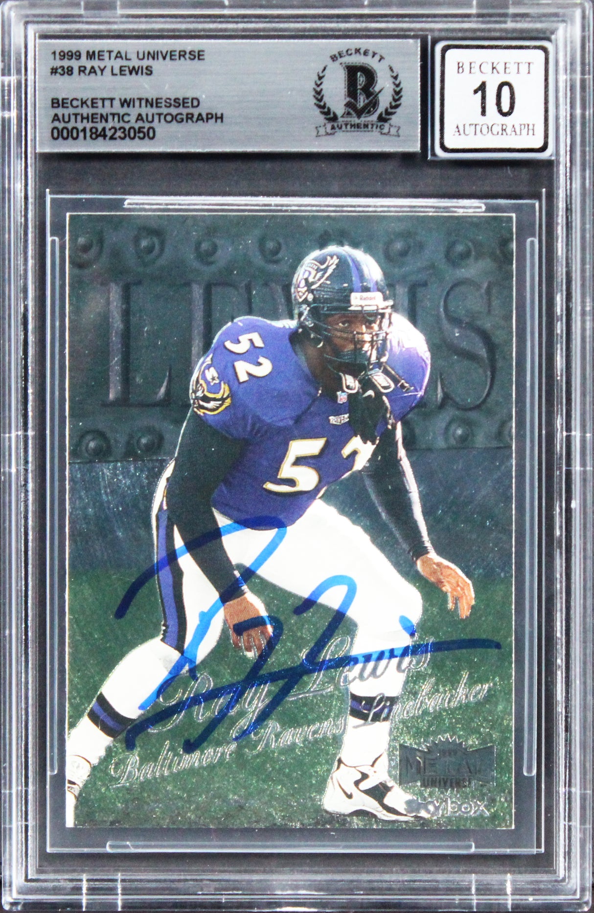 Ravens Ray Lewis Signed 1999 Metal Universe #38 Card Auto Graded 10! BAS Slabbed