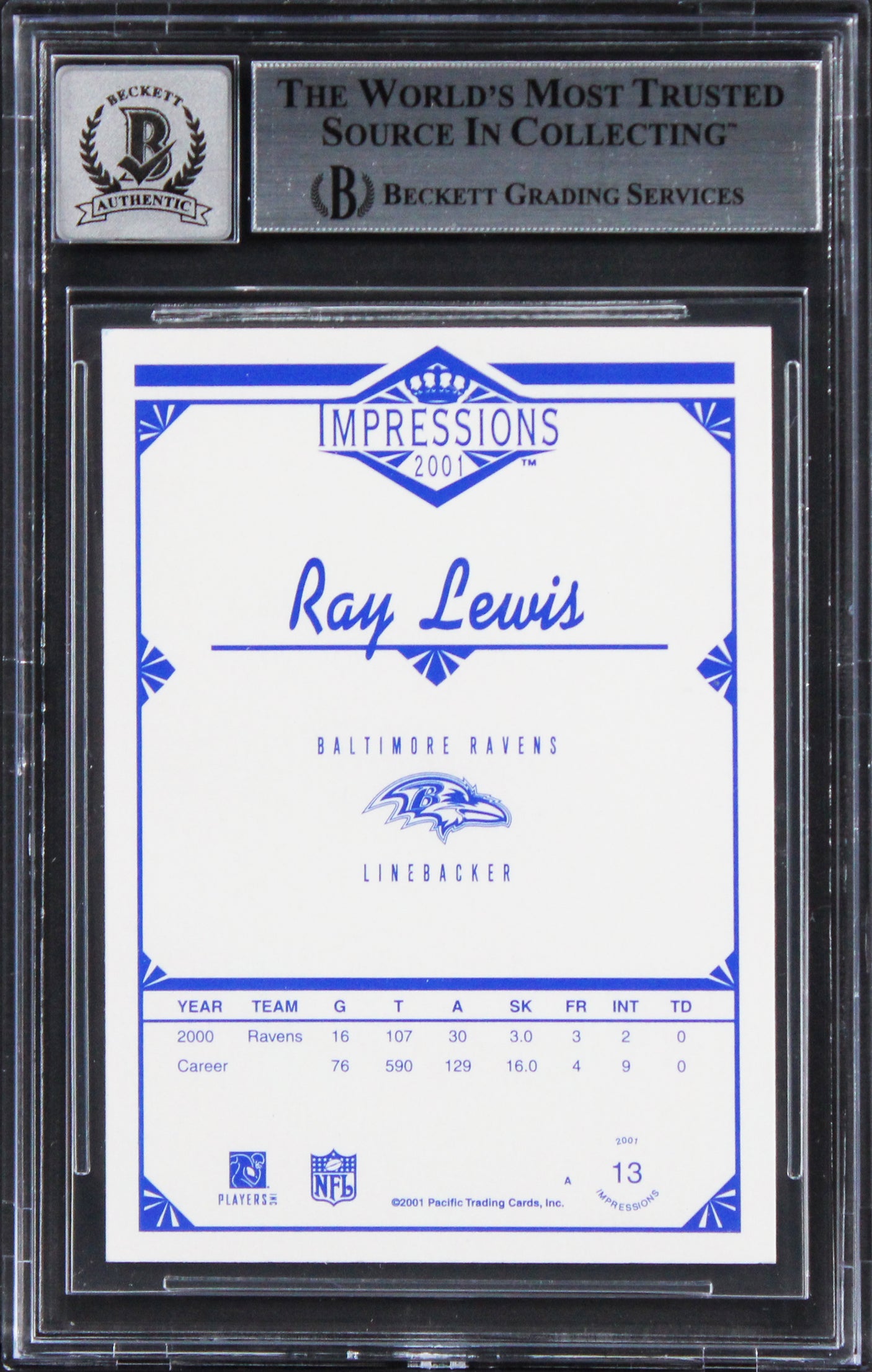 Ravens Ray Lewis Signed 2001 Pacific Impressions #13 Card Auto 10! BAS Slabbed