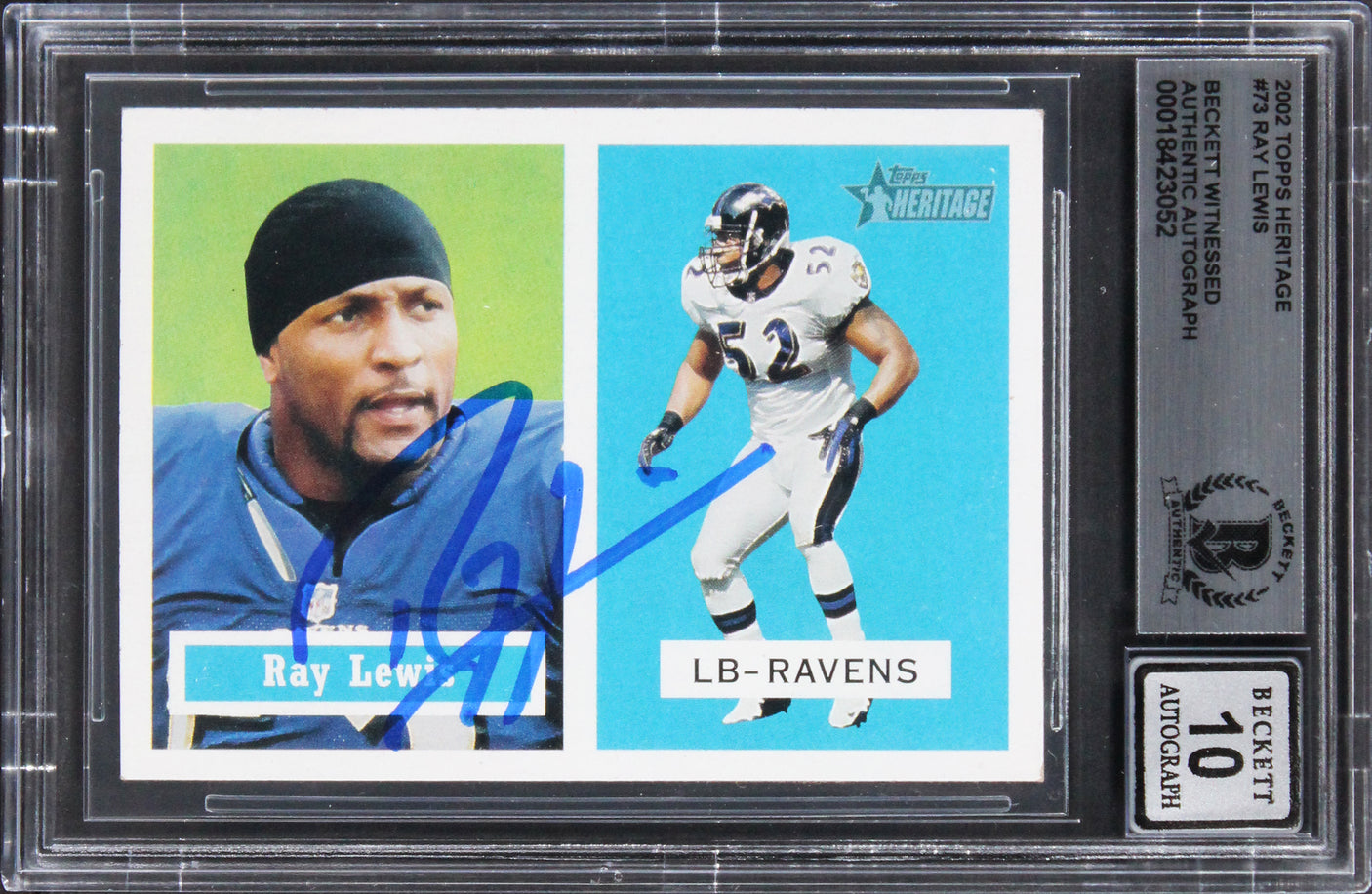 Ravens Ray Lewis Signed 2002 Topps Heritage #73 Card Auto Graded 10! BAS Slabbed