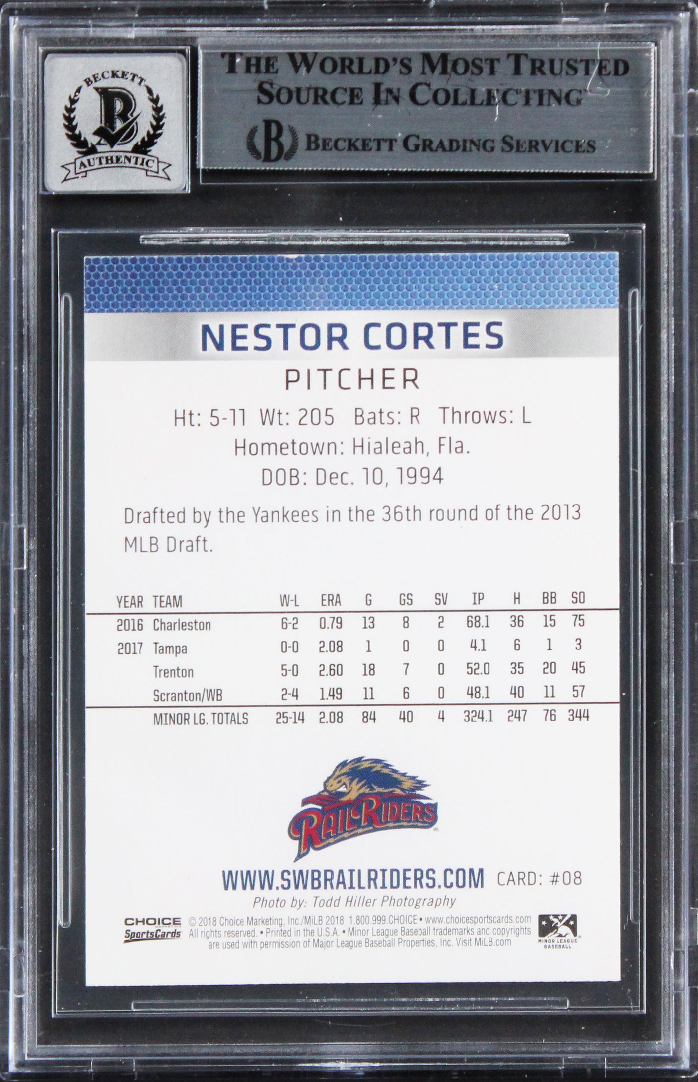 Yankees Nestor Cortes Signed 2018 Scranton/WB Rail #8 RC Card Auto 10! BAS Slab