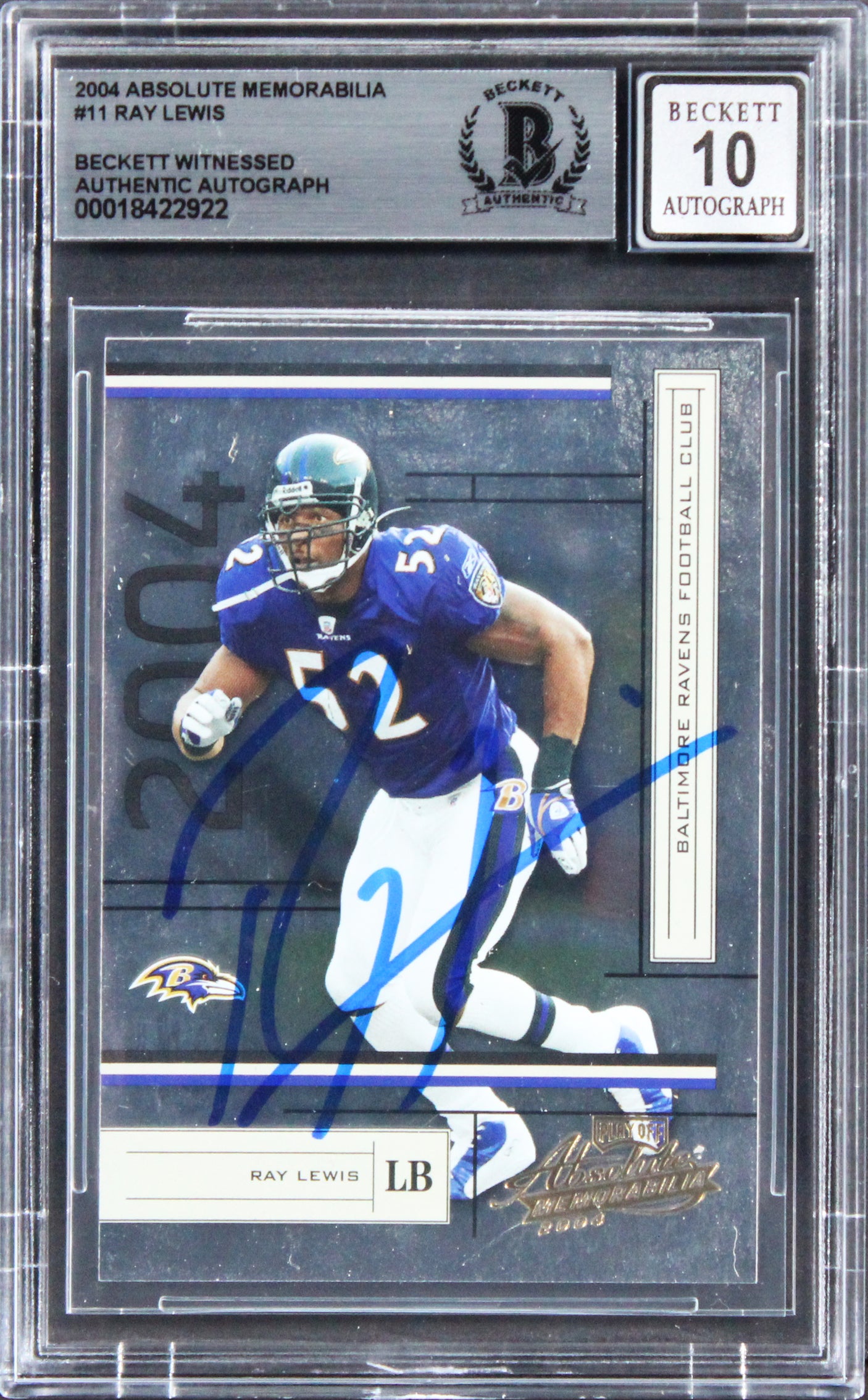 Ravens Ray Lewis Signed 2004 Absolute Memorabilia #11 Card Auto 10! BAS Slabbed
