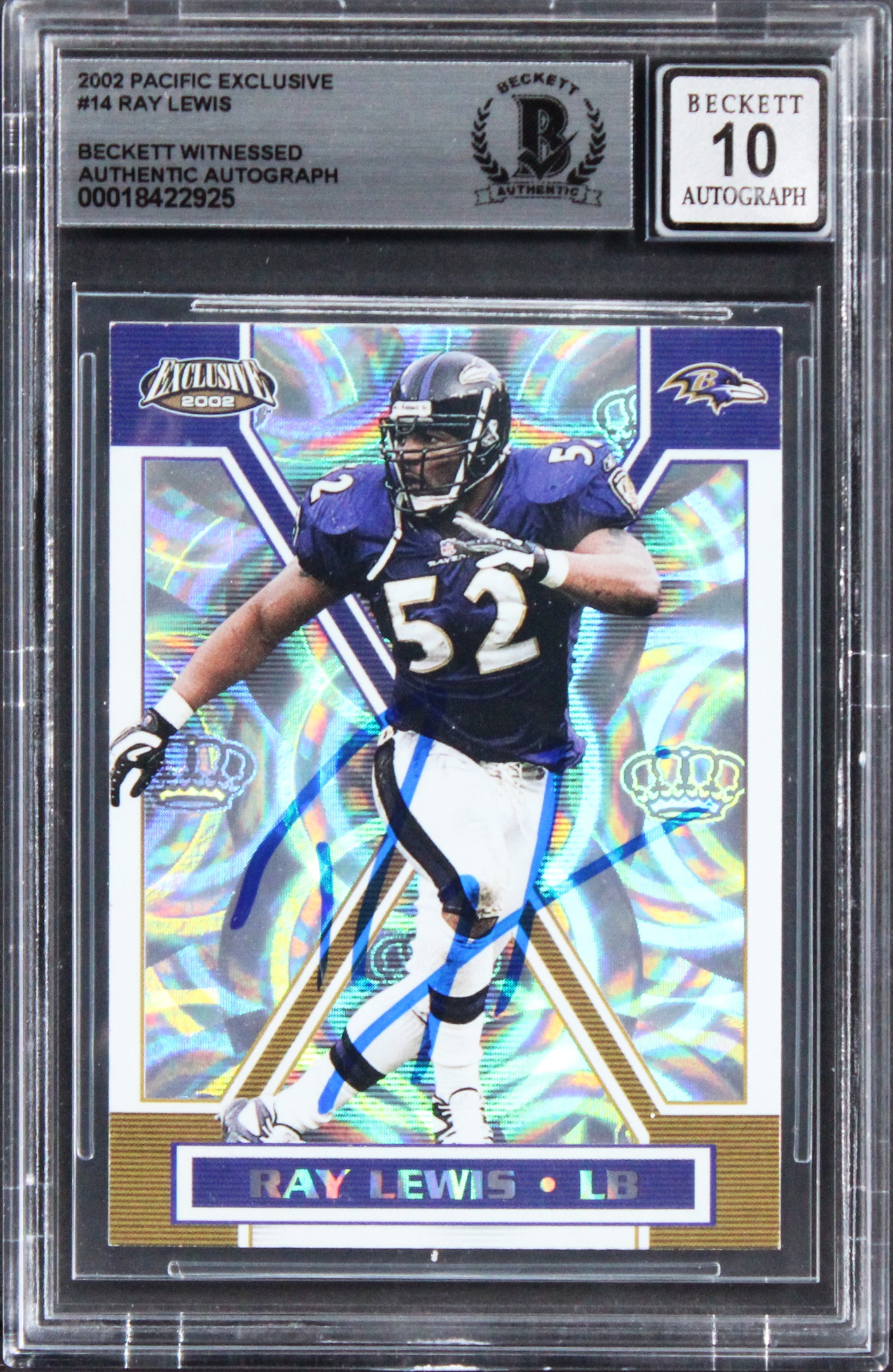 Ravens Ray Lewis Signed 2002 Pacific Exclusive #14 Card Auto GM 10! BAS Slabbed