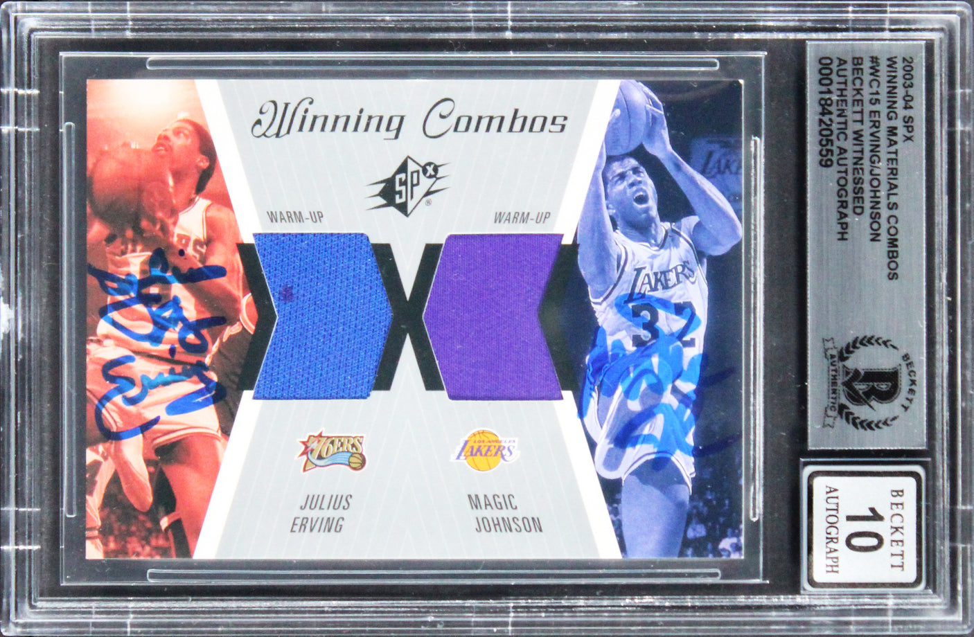 Magic & Erving Signed 2003 SPX Winning Mats Combos #WC15 Card Auto 10! BAS Slab