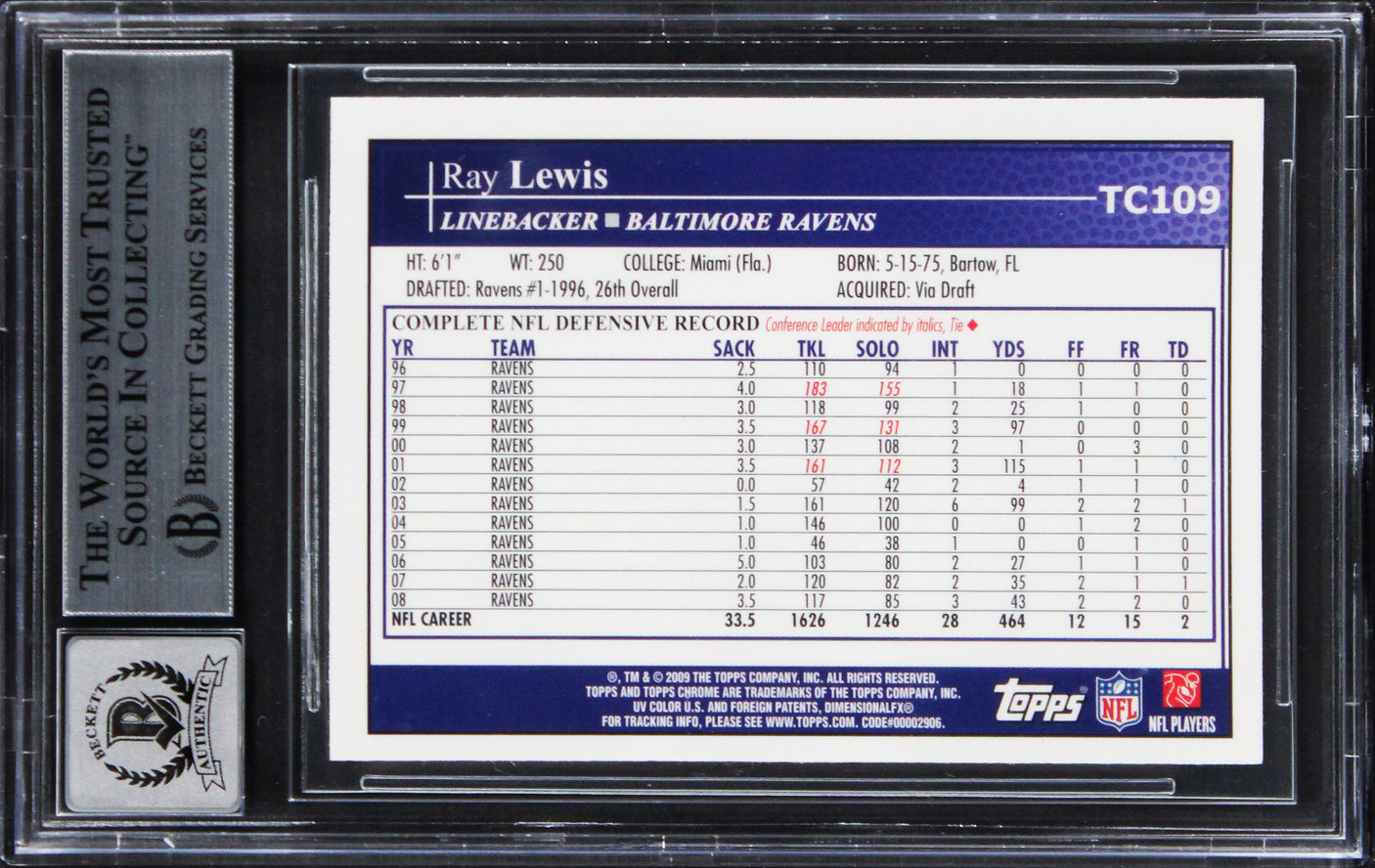 Ravens Ray Lewis Signed 2009 Topps Chrome #TC109 Card Auto Grade 10! BAS Slabbed