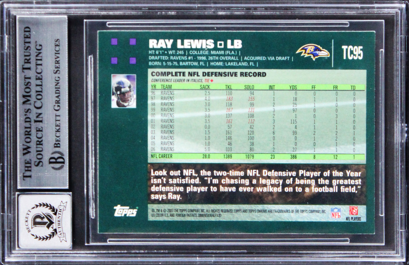 Ravens Ray Lewis Signed 2007 Topps Chrome #TC95 Card Auto Graded 10! BAS Slabbed