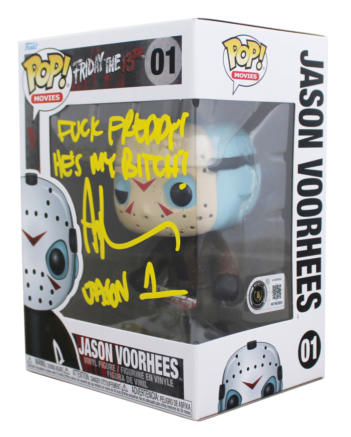 Ari Lehman "2x Insc" Signed #01 Funko Pop Figure w/ Yellow Sig BAS Witnessed