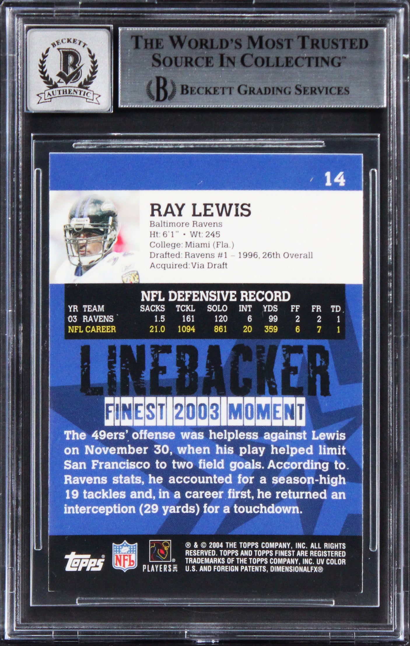 Ravens Ray Lewis Signed 2001 Finest #14 Card Auto Grade Gem Mint 10! BAS Slabbed