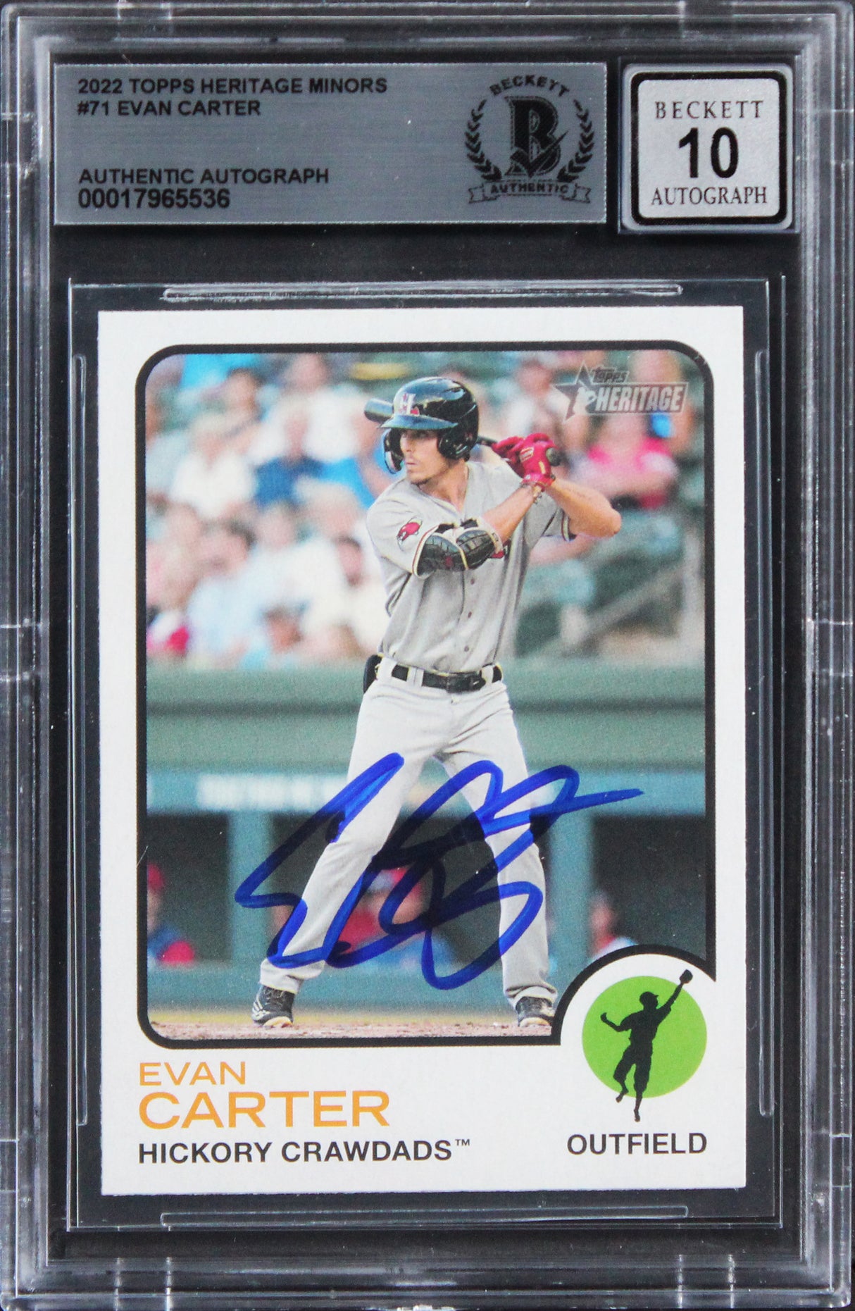 Rangers Evan Carter Signed 2022 Topps Heritage Min #71 Card Auto 10! BAS Slabbed