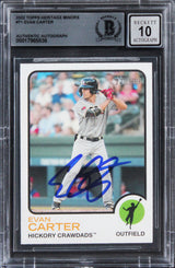 Rangers Evan Carter Signed 2022 Topps Heritage Min #71 Card Auto 10! BAS Slabbed