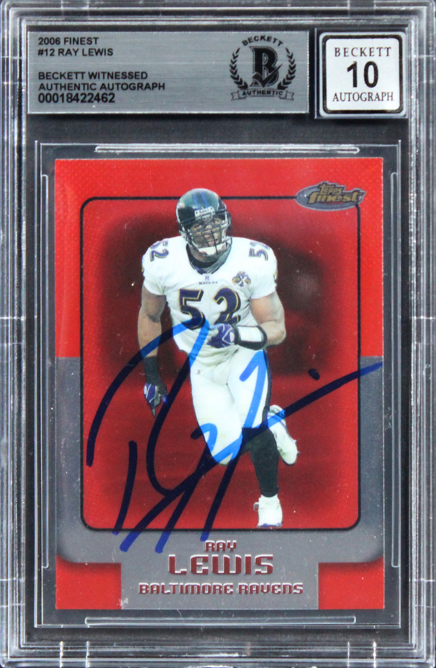 Ravens Ray Lewis Signed 2006 Finest #12 Card Auto Grade Gem Mint 10! BAS Slabbed