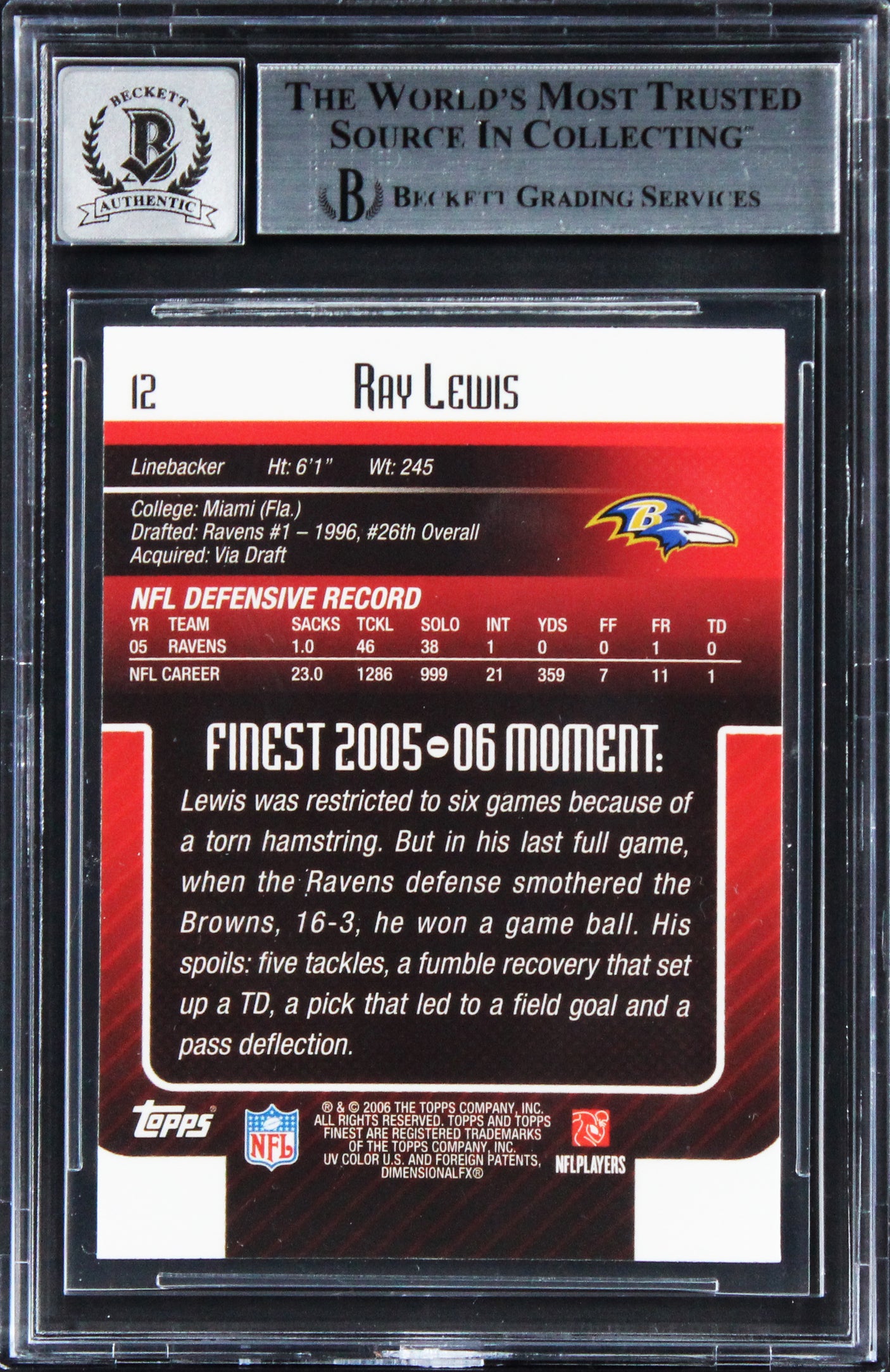 Ravens Ray Lewis Signed 2006 Finest #12 Card Auto Grade Gem Mint 10! BAS Slabbed