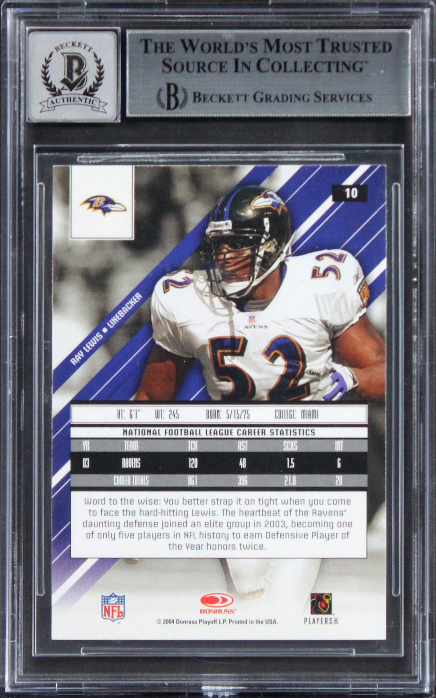 Ravens Ray Lewis Signed 2004 Leaf Rookies & Stars #10 Card Auto 10! BAS Slabbed