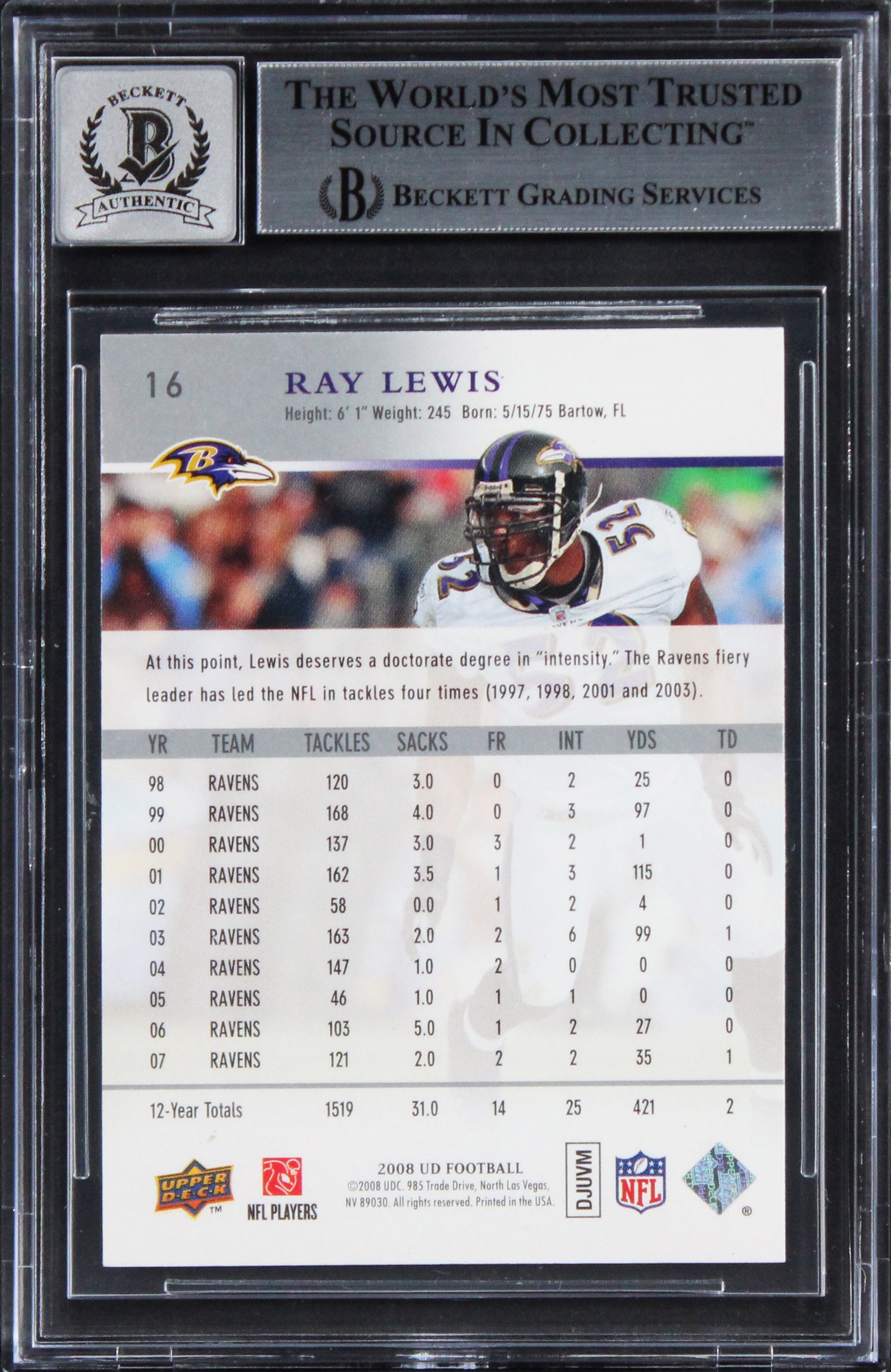 Ravens Ray Lewis Signed 2008 Upper Deck #16 Card Auto Graded GM 10! BAS Slabbed
