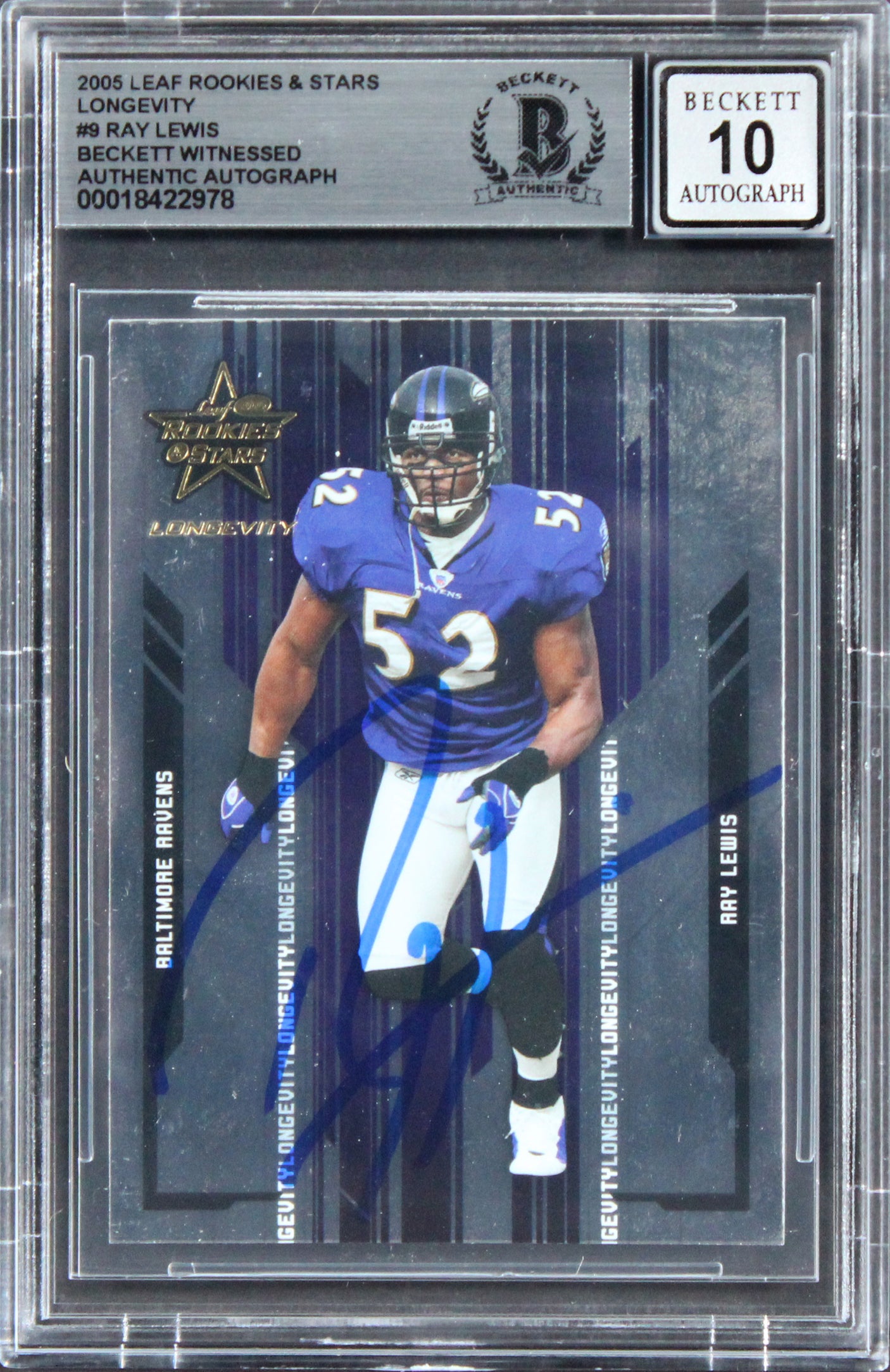 Ray Lewis Signed 2005 Leaf Rookies & Stars Longevity #9 Card Auto 10! BAS Slab