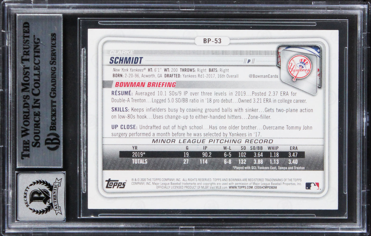 Royals Clarke Schmidt Signed 2020 Bowman PC #BP53 Card Auto 10! BAS Slabbed