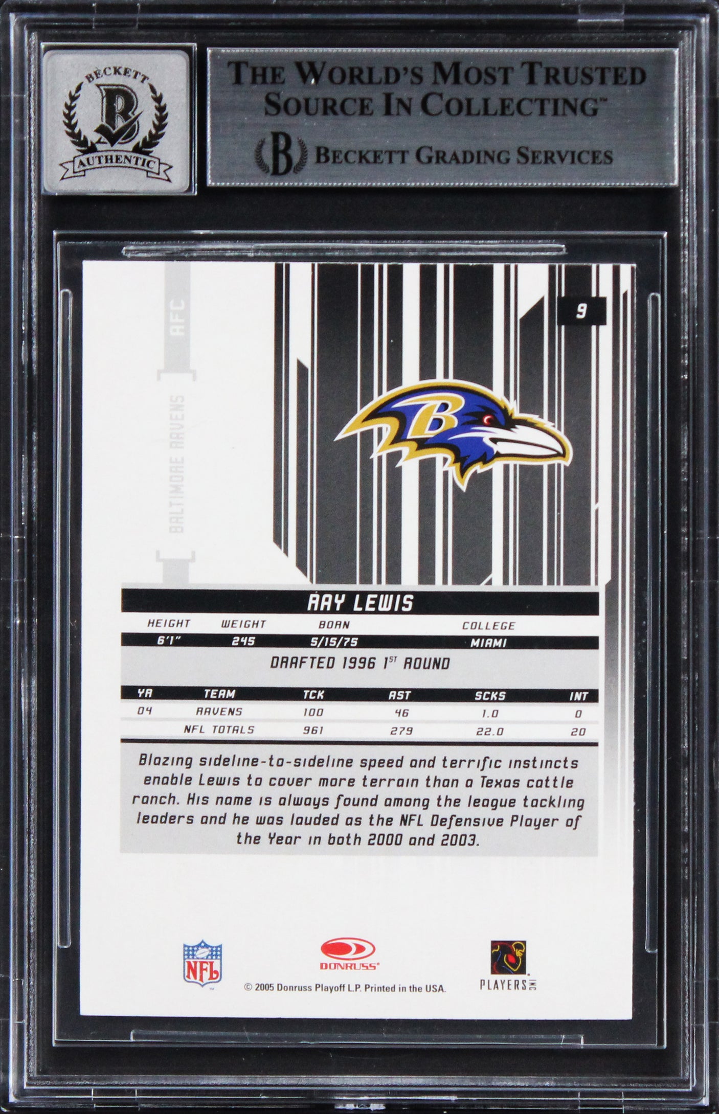 Ray Lewis Signed 2005 Leaf Rookies & Stars Longevity #9 Card Auto 10! BAS Slab