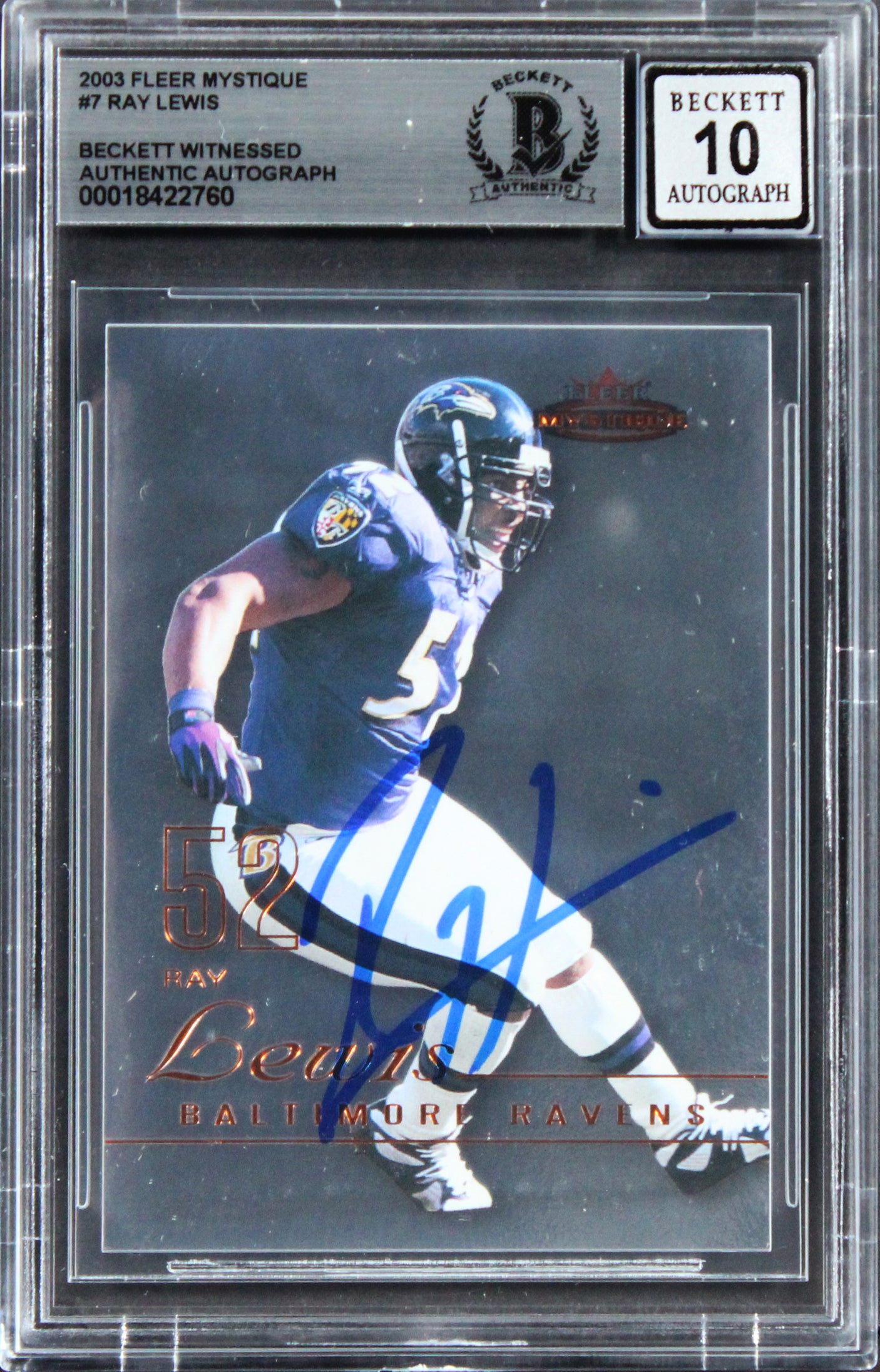 Ravens Ray Lewis Signed 2003 Fleer Mystique #7 Card Auto Graded 10! BAS Slabbed