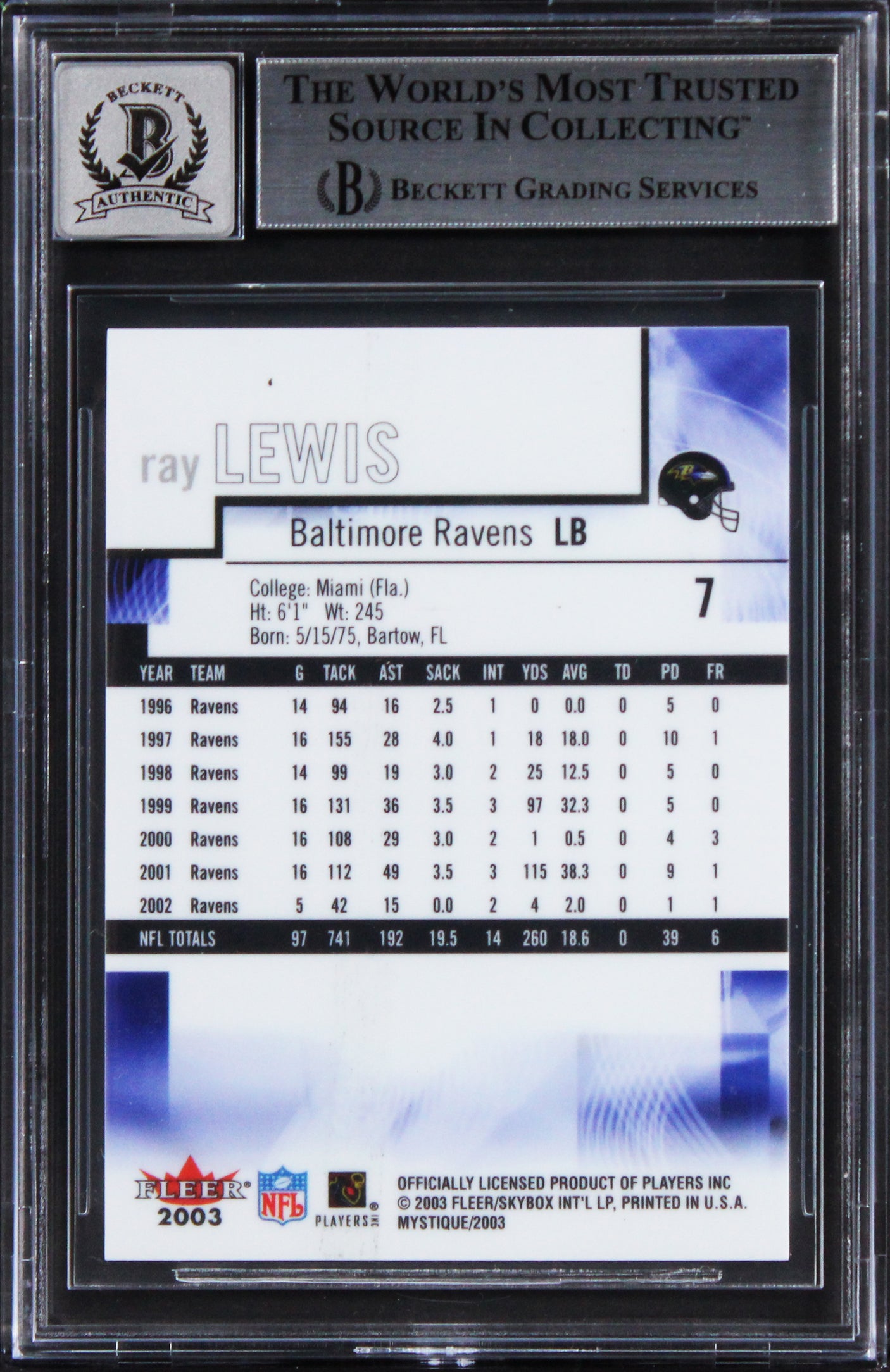 Ravens Ray Lewis Signed 2003 Fleer Mystique #7 Card Auto Graded 10! BAS Slabbed