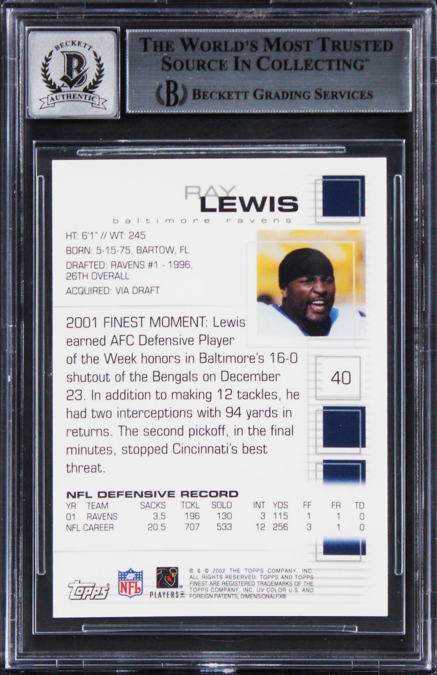 Ravens Ray Lewis Signed 2002 Finest #40 Card Auto Grade Gem Mint 10! BAS Slabbed