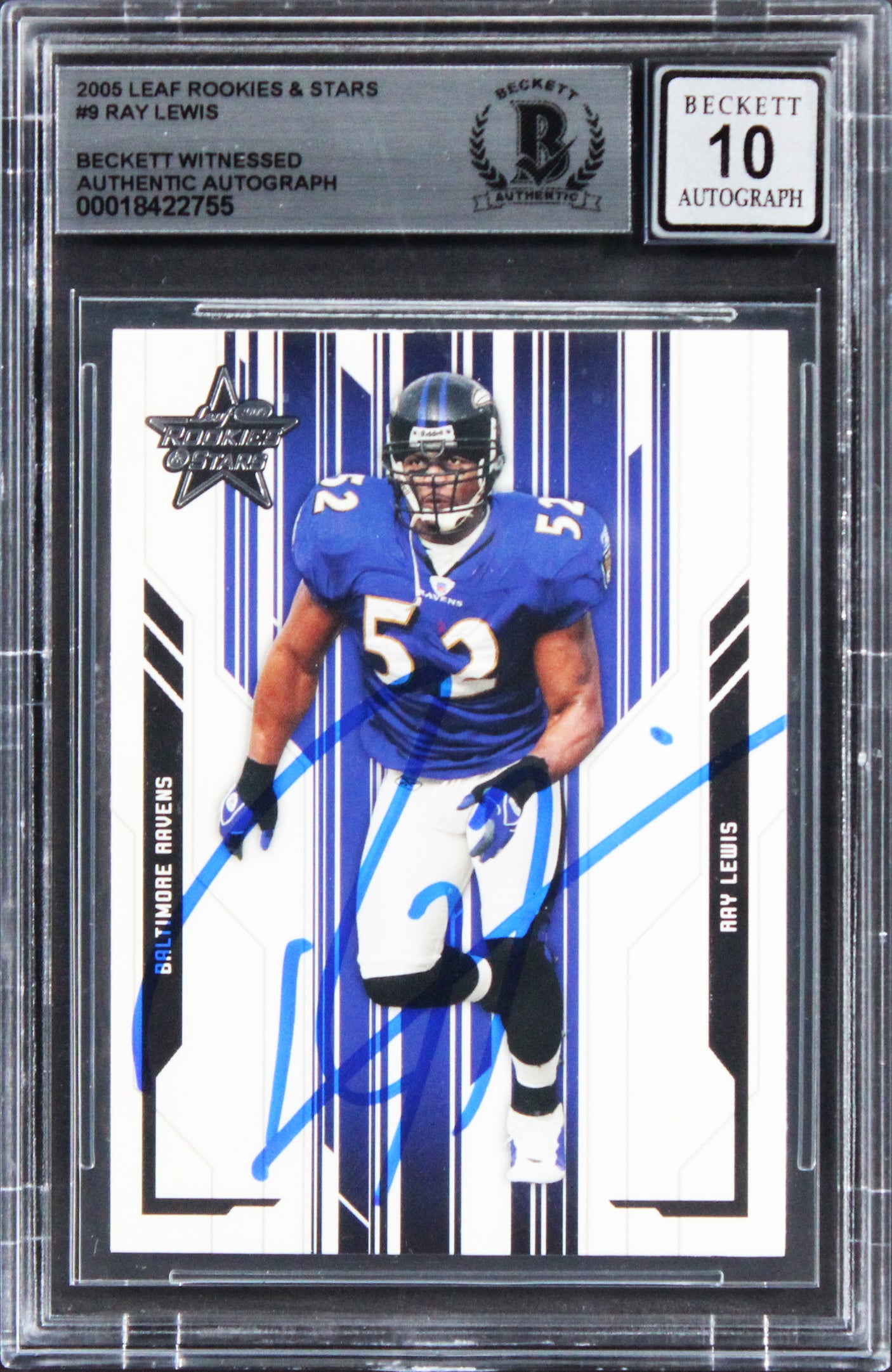 Ravens Ray Lewis Signed 2005 Leaf Rookies & Stars #9 Card Auto 10! BAS Slabbed