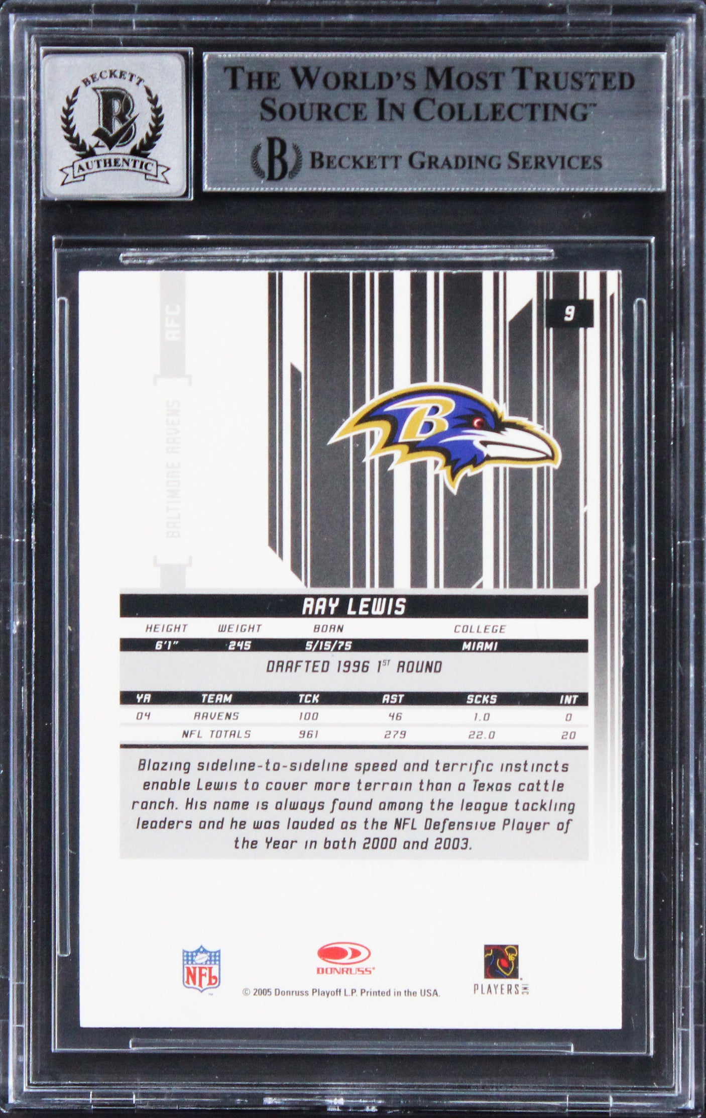 Ravens Ray Lewis Signed 2005 Leaf Rookies & Stars #9 Card Auto 10! BAS Slabbed