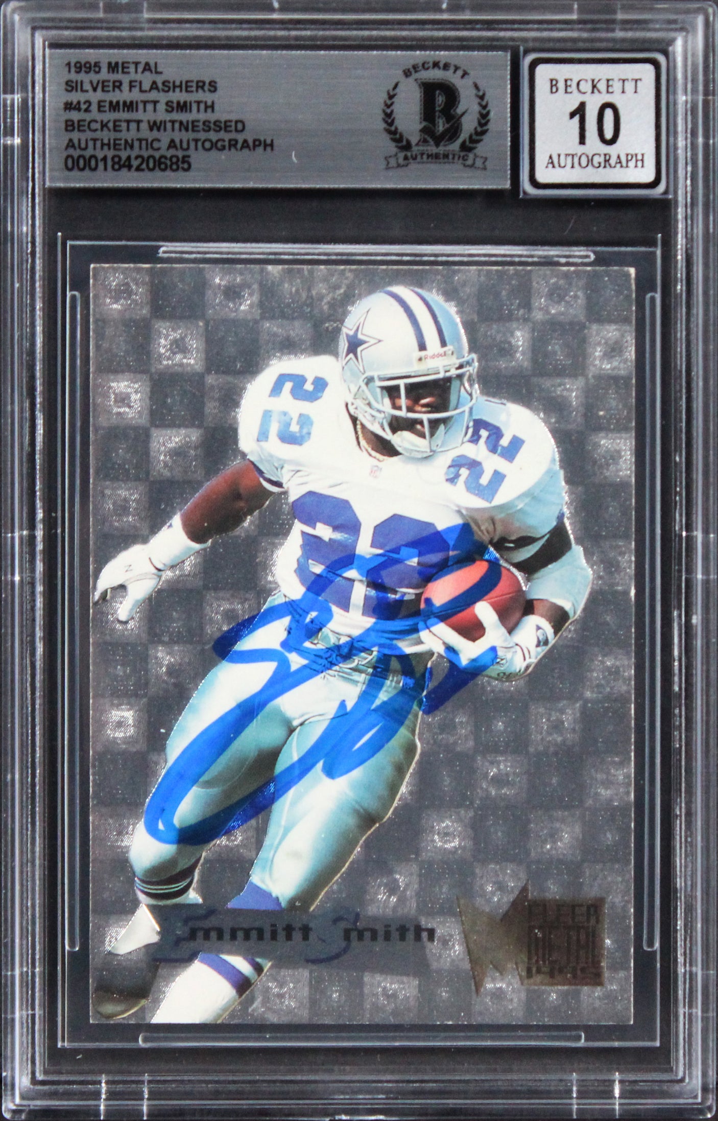 Emmitt Smith Signed 1995 Metal Silver Flashers #42 Card Auto GM 10! BAS Slabbed