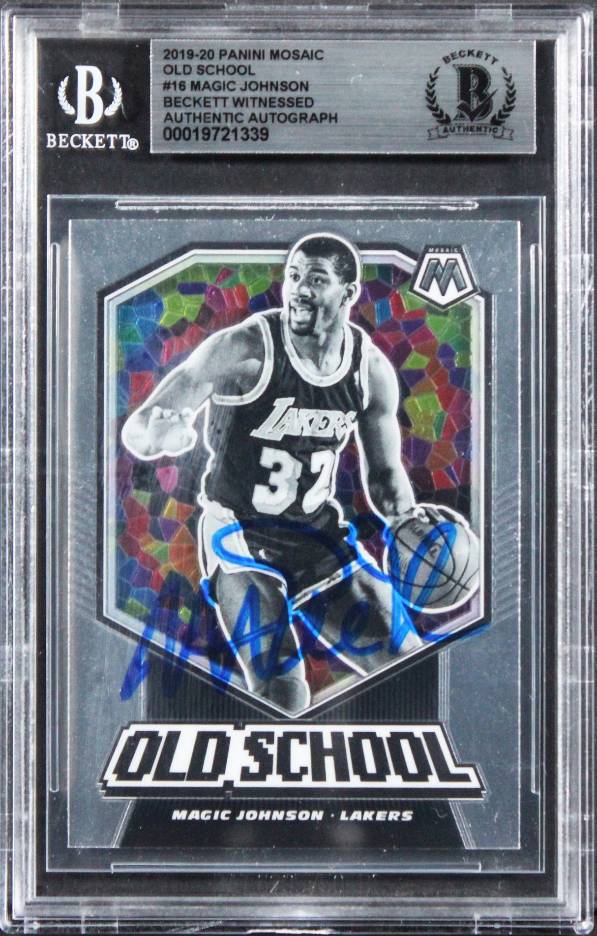 Lakers Magic Johnson Signed 2019 Panini Mosaic Old School #16 Card BAS Slabbed