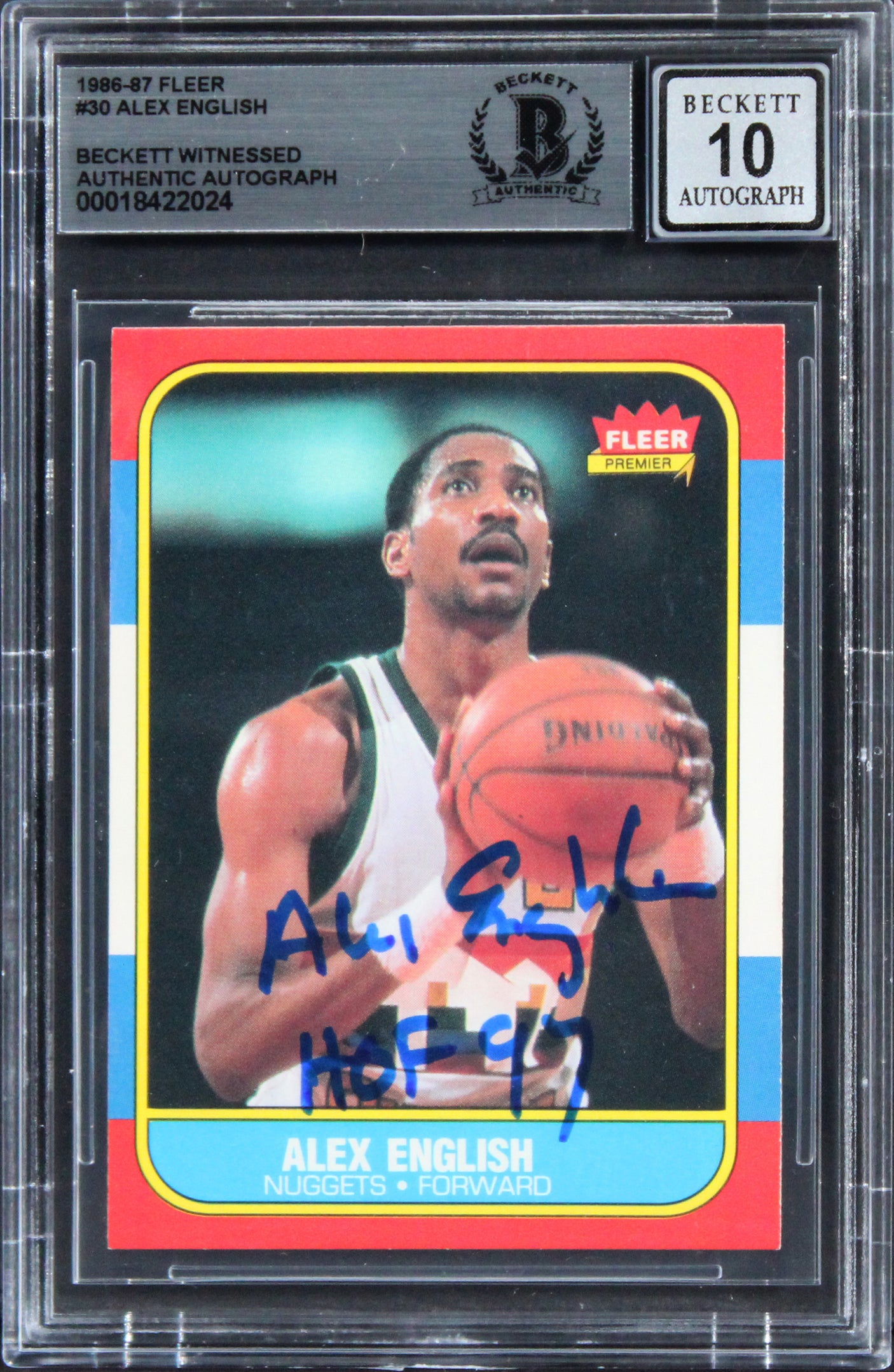 Nuggets Alex English "HOF 97" Signed 1986 Fleer #30 Card Auto GM 10! BAS Slabbed