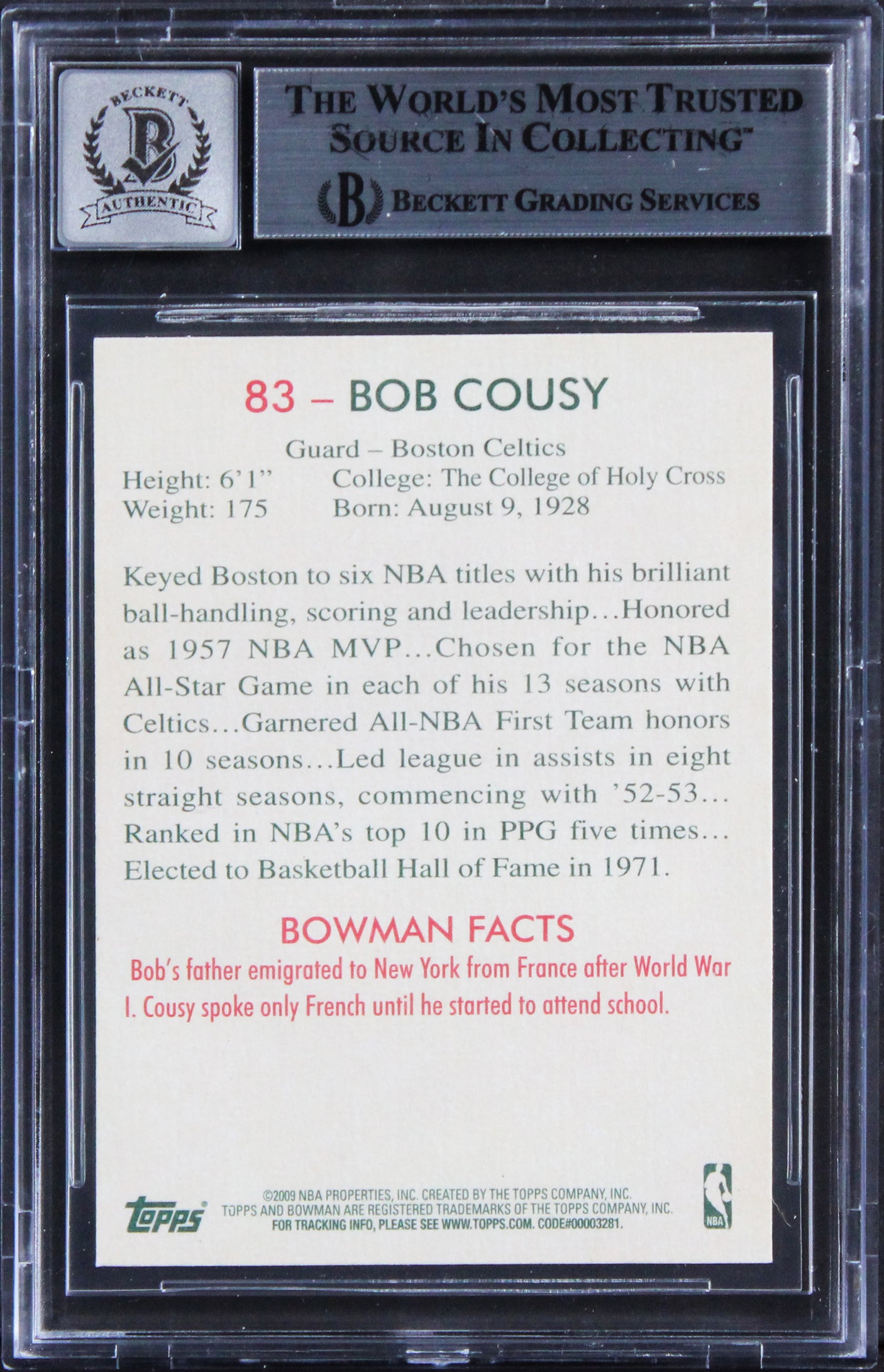 Celtics Bob Cousy "Peace" Signed 2009 Bowman 48 #83 Card Auto 10! BAS Slabbed