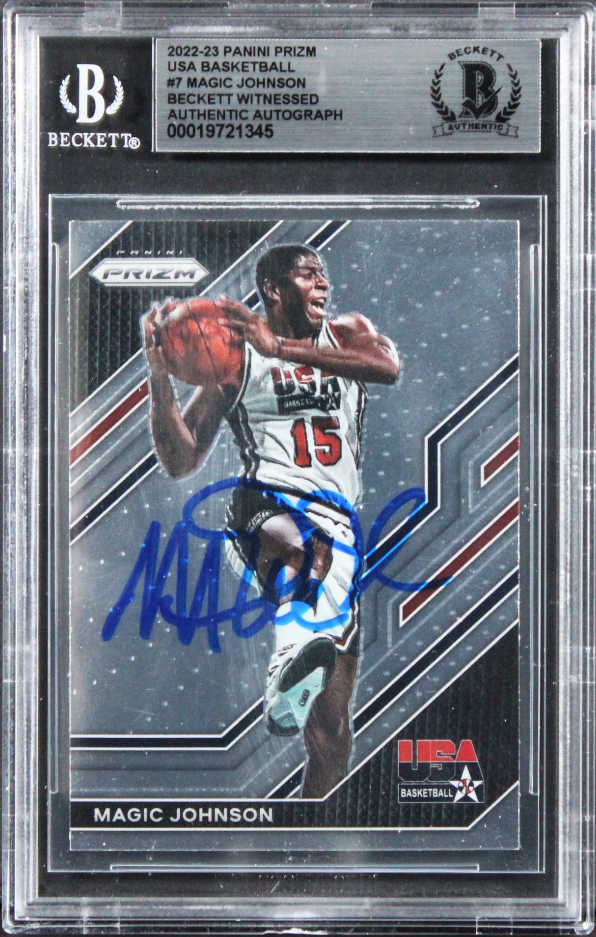 Lakers Magic Johnson Signed 2022 Panini Prizm USA Basketball #7 Card BAS Slabbed