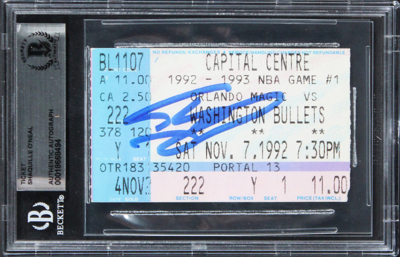 Magic Shaquille O'Neal Signed 1992 Magic VS Bullets Ticket Stub BAS Slabbed
