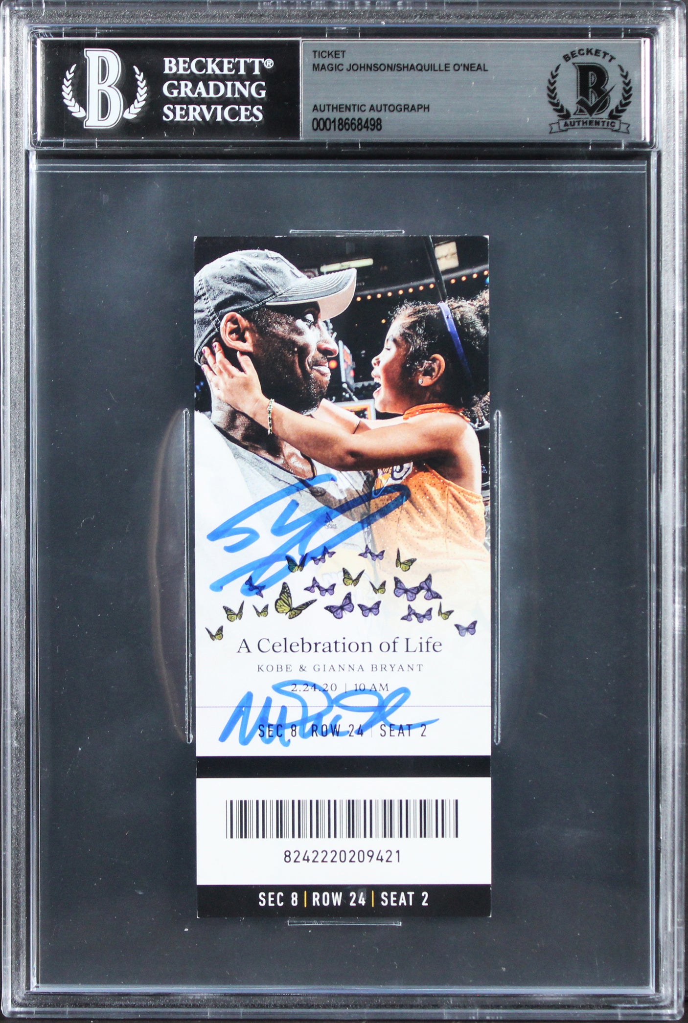 Shaquille O'Neal & Magic Johnson Signed Kobe Bryant COL Ticket BAS Slabbed