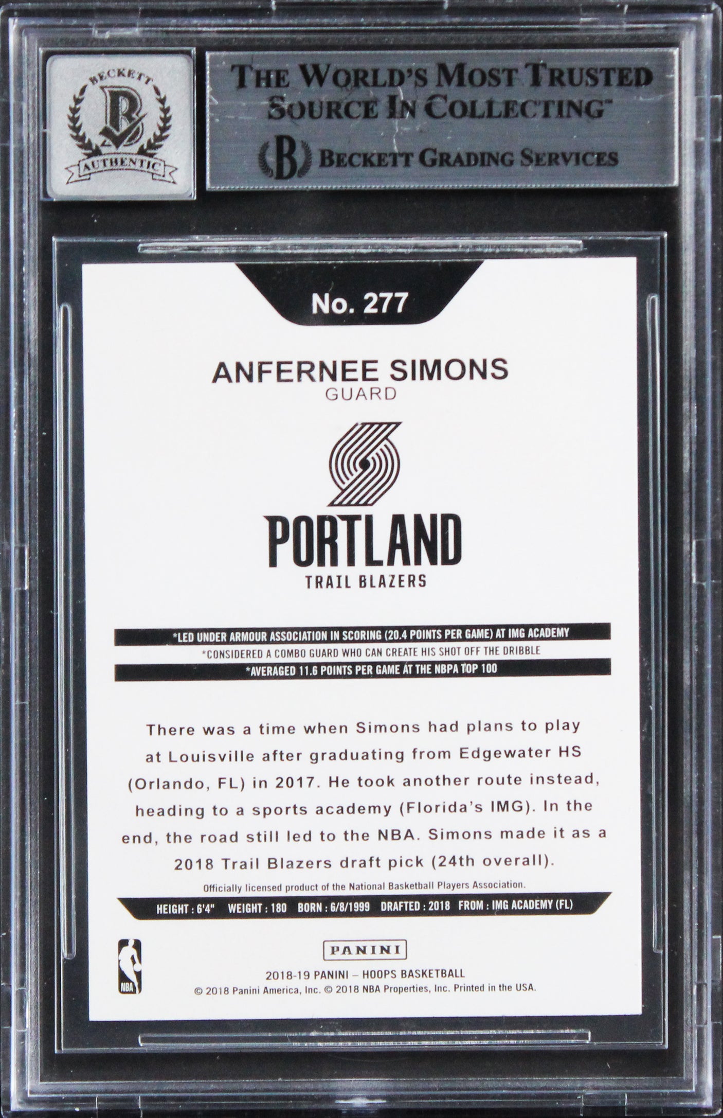 Blazers Anfernee Simons Signed 2018 Hoops #277 Rookie Card Auto 10! BAS Slabbed