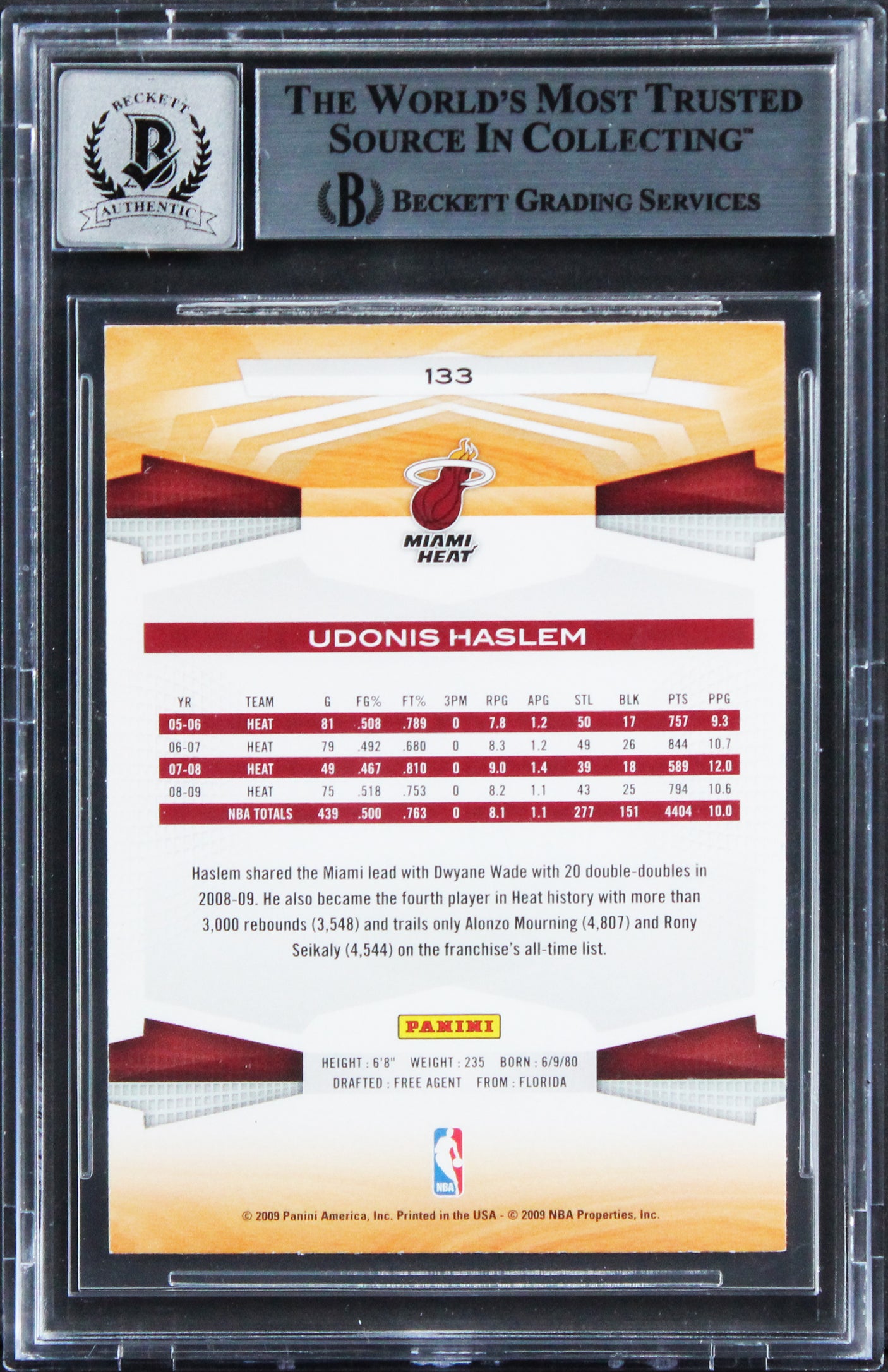 Heat Udonis Haslem Signed 2009 Panini #133 Card Auto Graded 10! BAS Slabbed