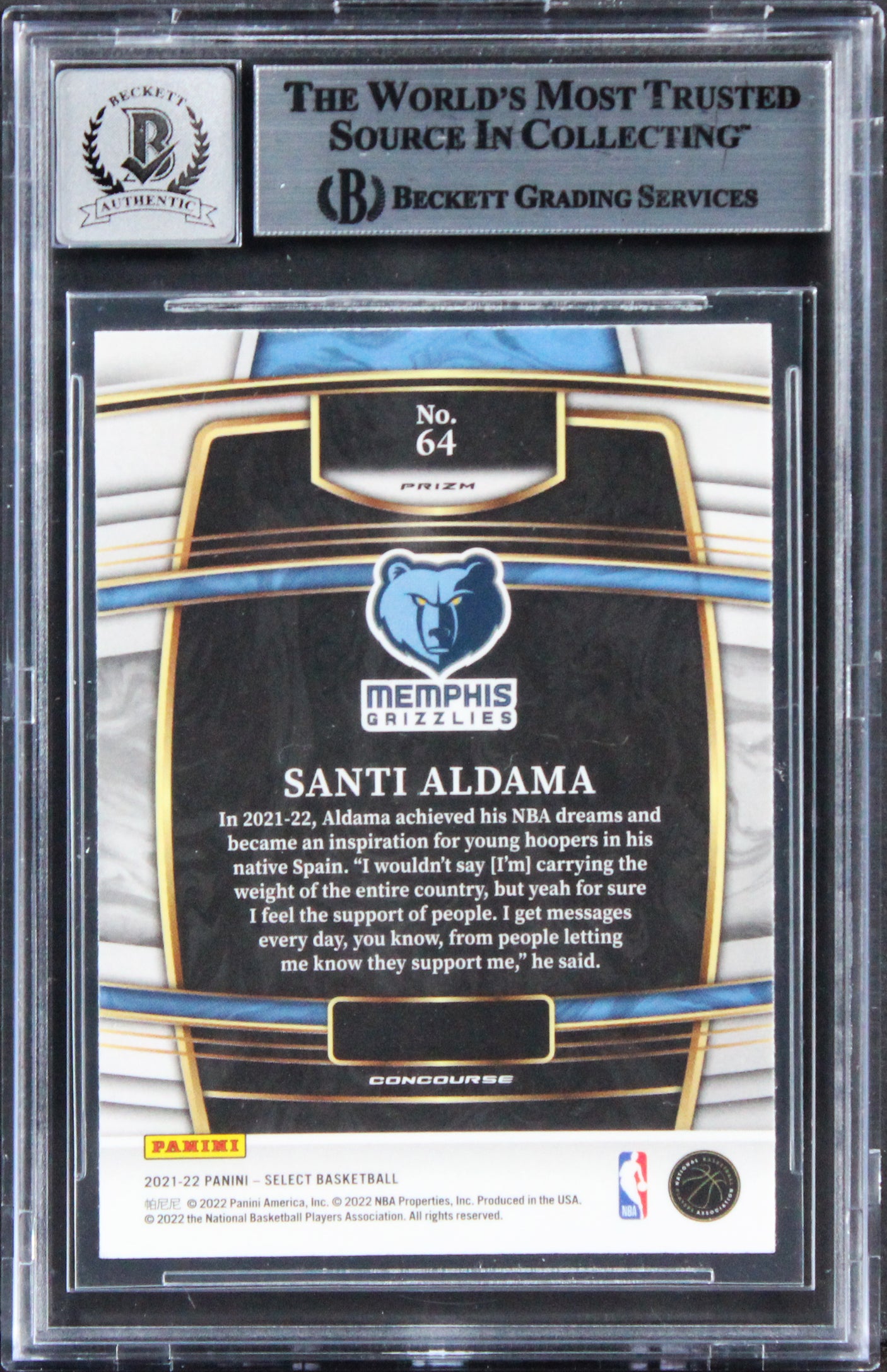 Grizzlies Santi Aldama Signed 2021 Select GWP #64 Rookie Card Auto 10! BAS Slab