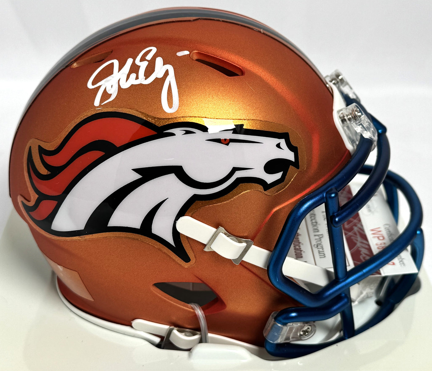John Elway Autographed Denver Broncos Blaze Speed Mini Helmet- JSA *White